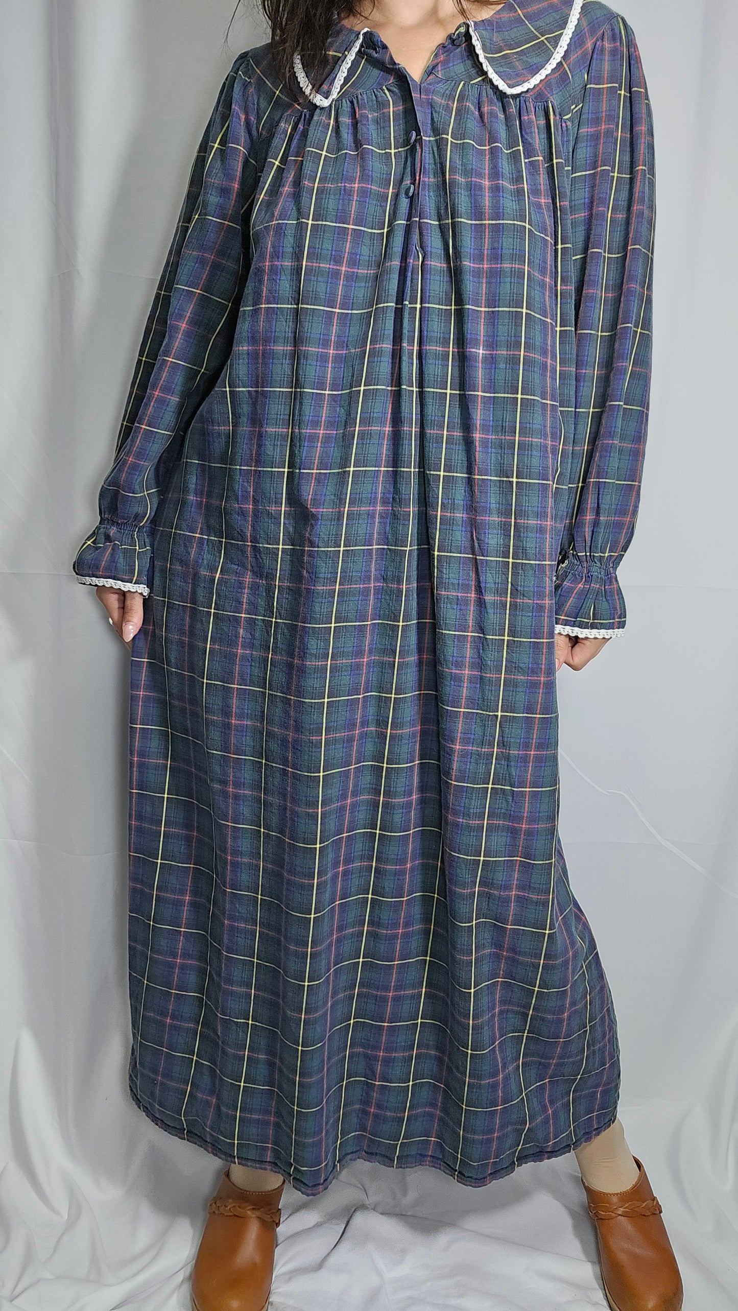 Vintage Blue/Green Plaid Long Nightgown Large