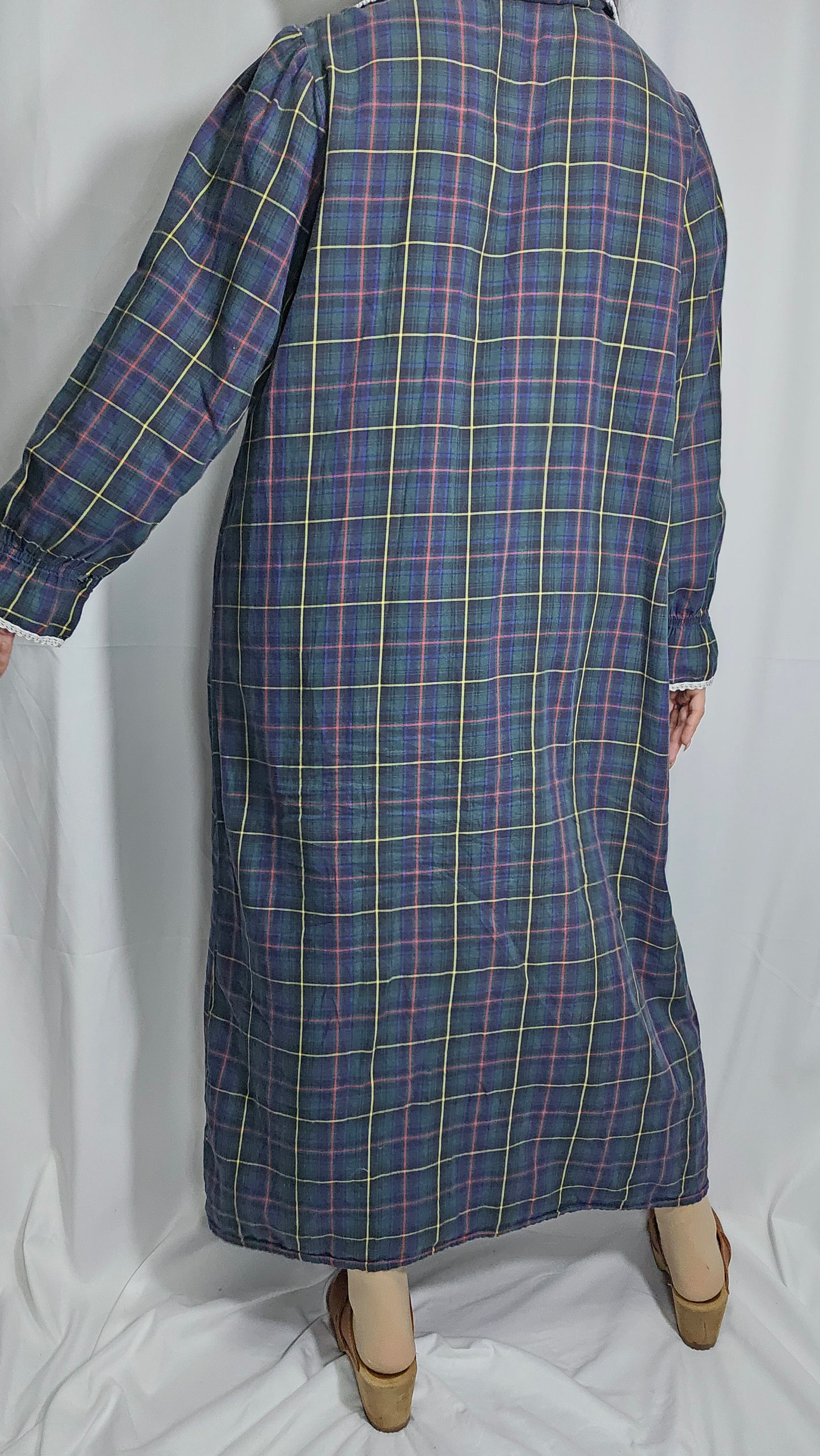 Vintage Blue/Green Plaid Long Nightgown Large