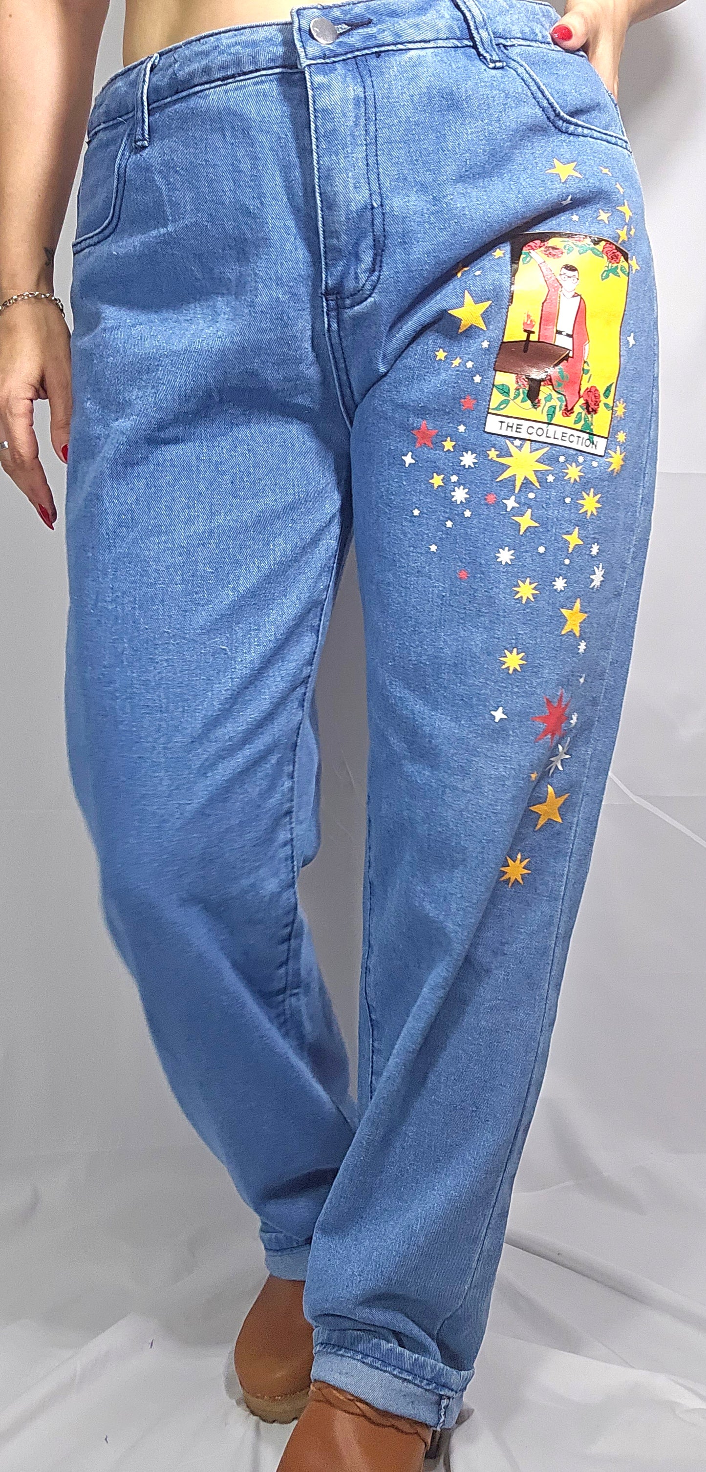 Cartoons Pattern Printed Denim Trousers Vintage Cute Jeans Blue