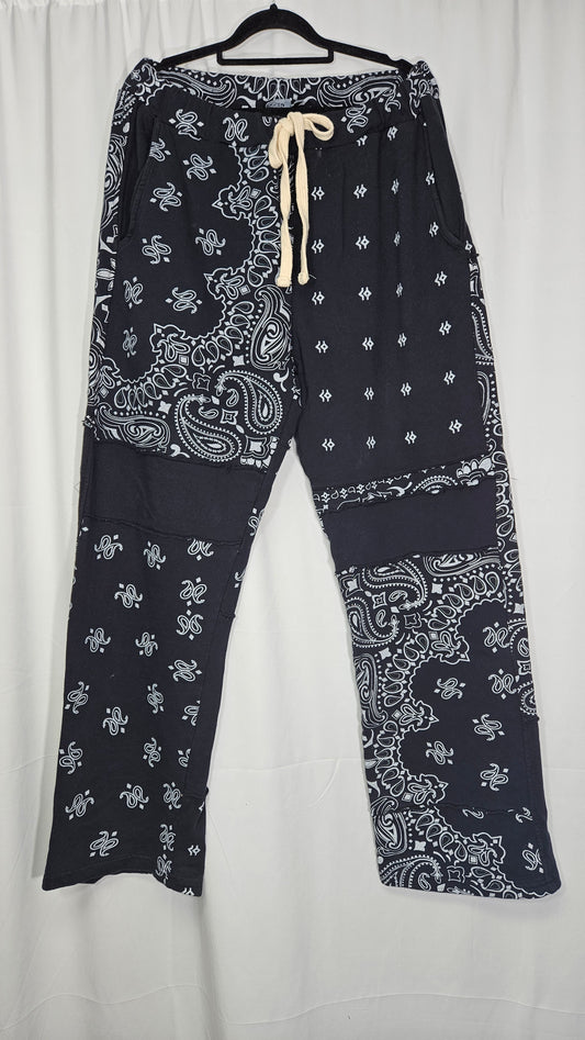 Black Marl Paisley Cut & Sew Joggers Pants - Trousers