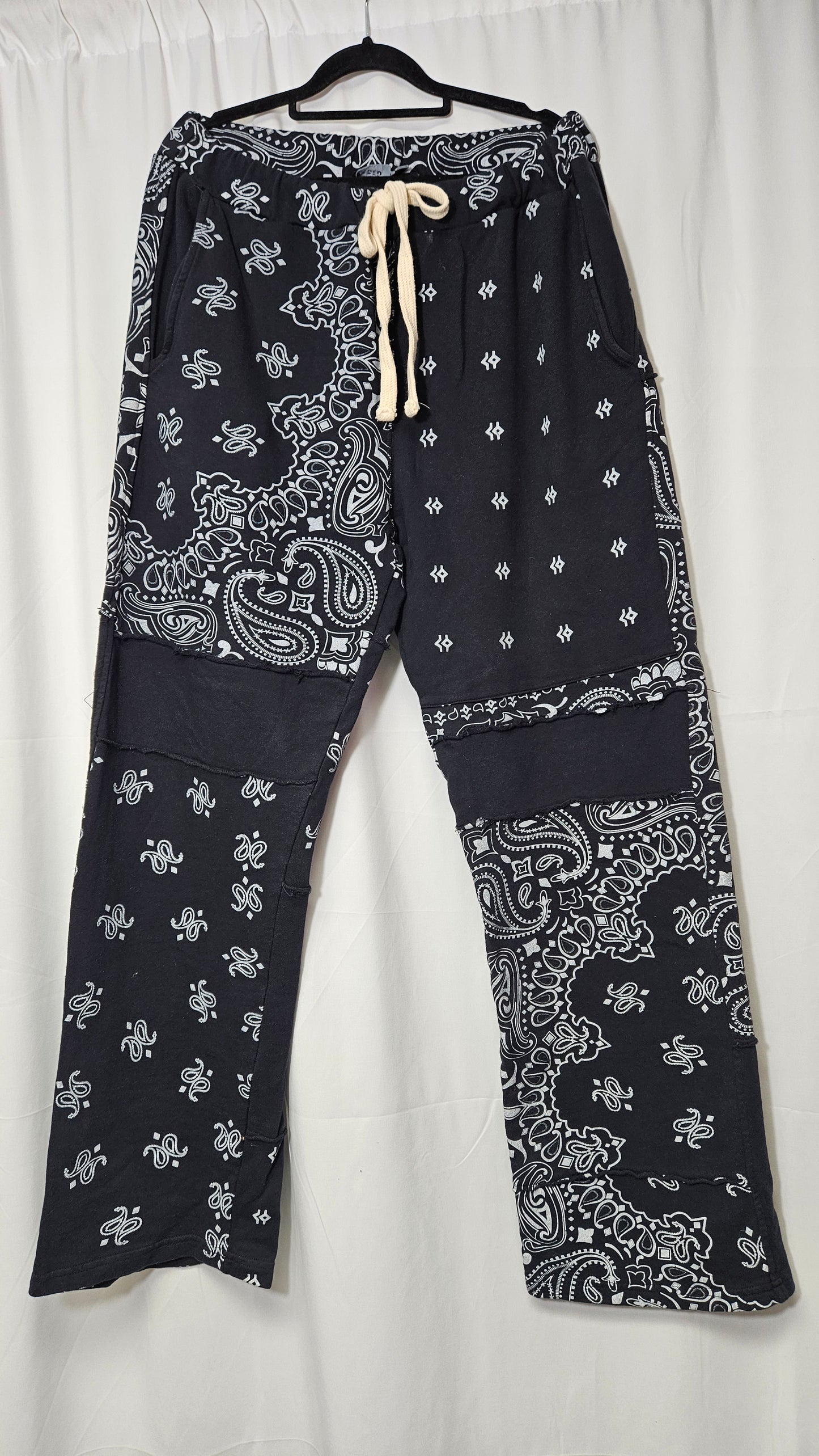 Black Marl Paisley Cut & Sew Joggers Pants - Trousers