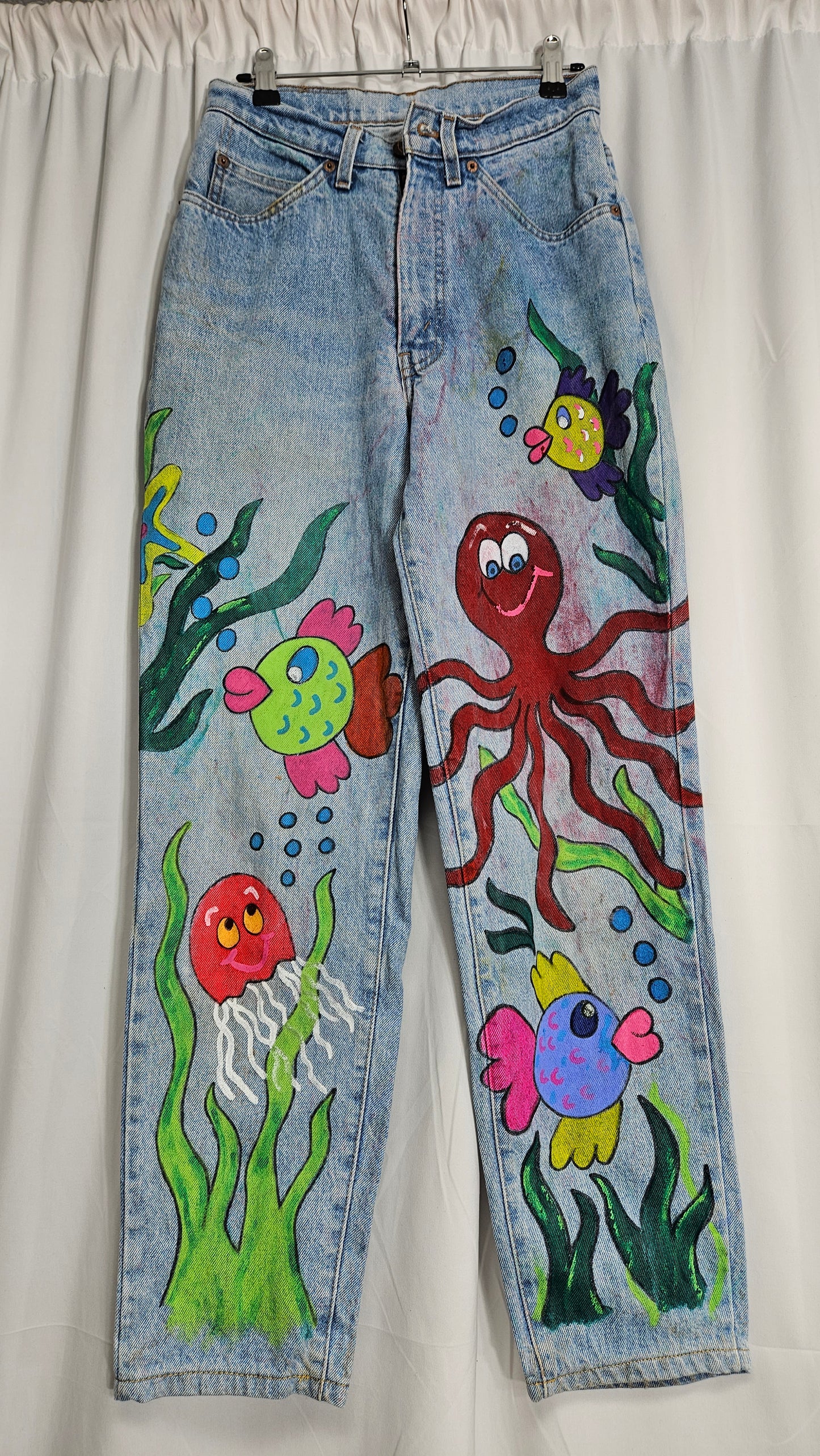 Sea Pattern hand painted Denim Trousers Vintage Cute Jeans Blue