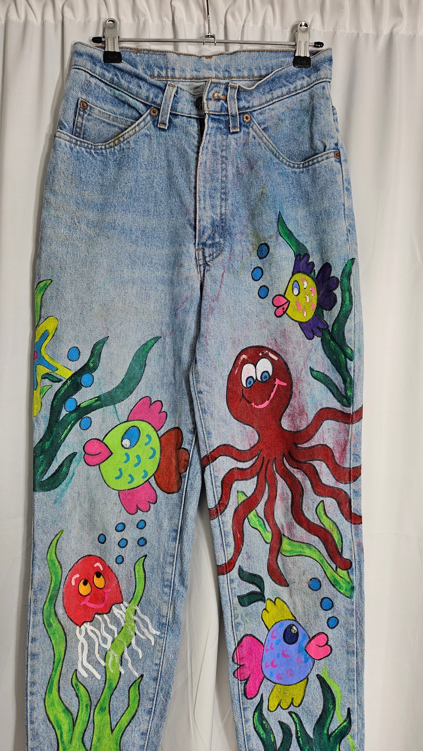 Sea Pattern hand painted Denim Trousers Vintage Cute Jeans Blue