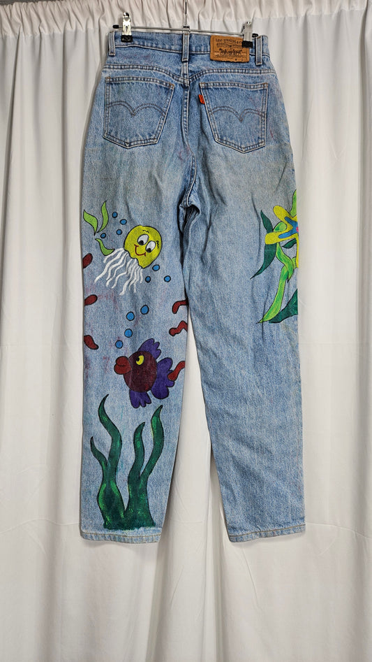 Sea Pattern hand painted Denim Trousers Vintage Cute Jeans Blue