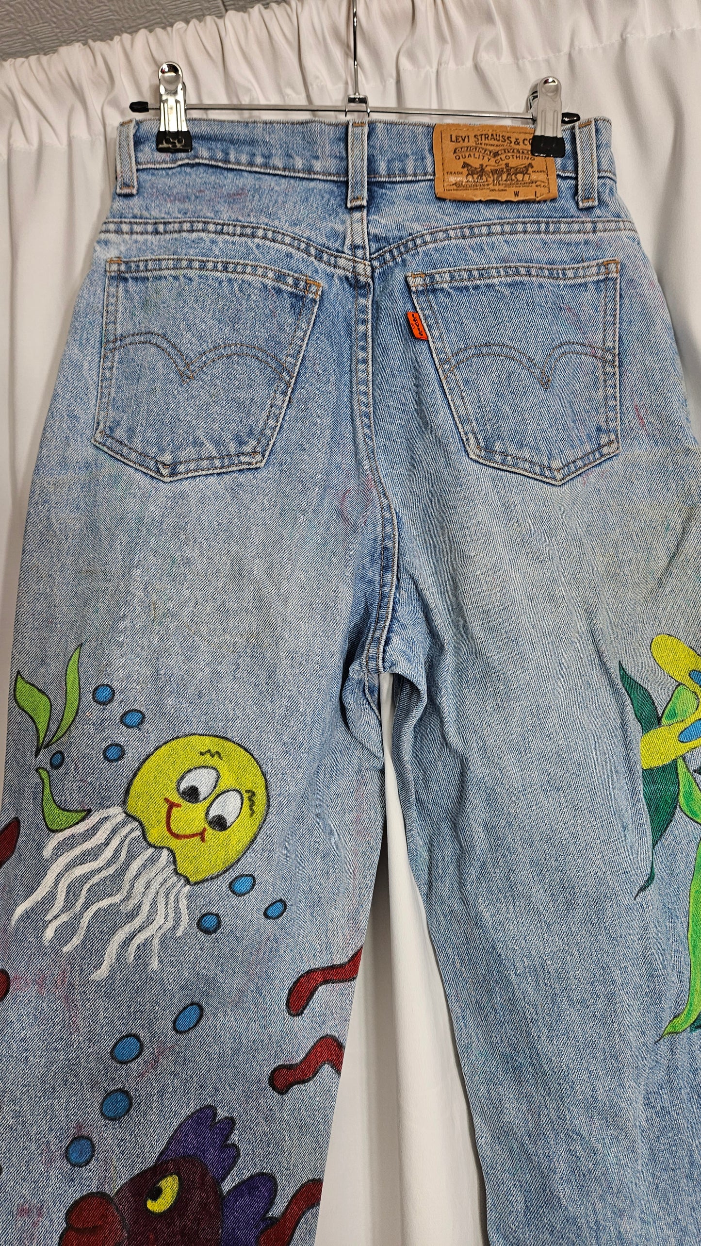 Sea Pattern hand painted Denim Trousers Vintage Cute Jeans Blue