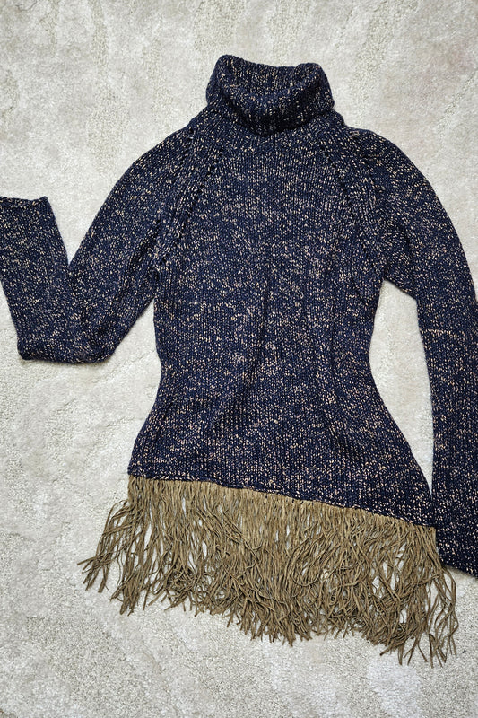 Navy Taupe Turtleneck Italian Knit Fringe Sweater Size S