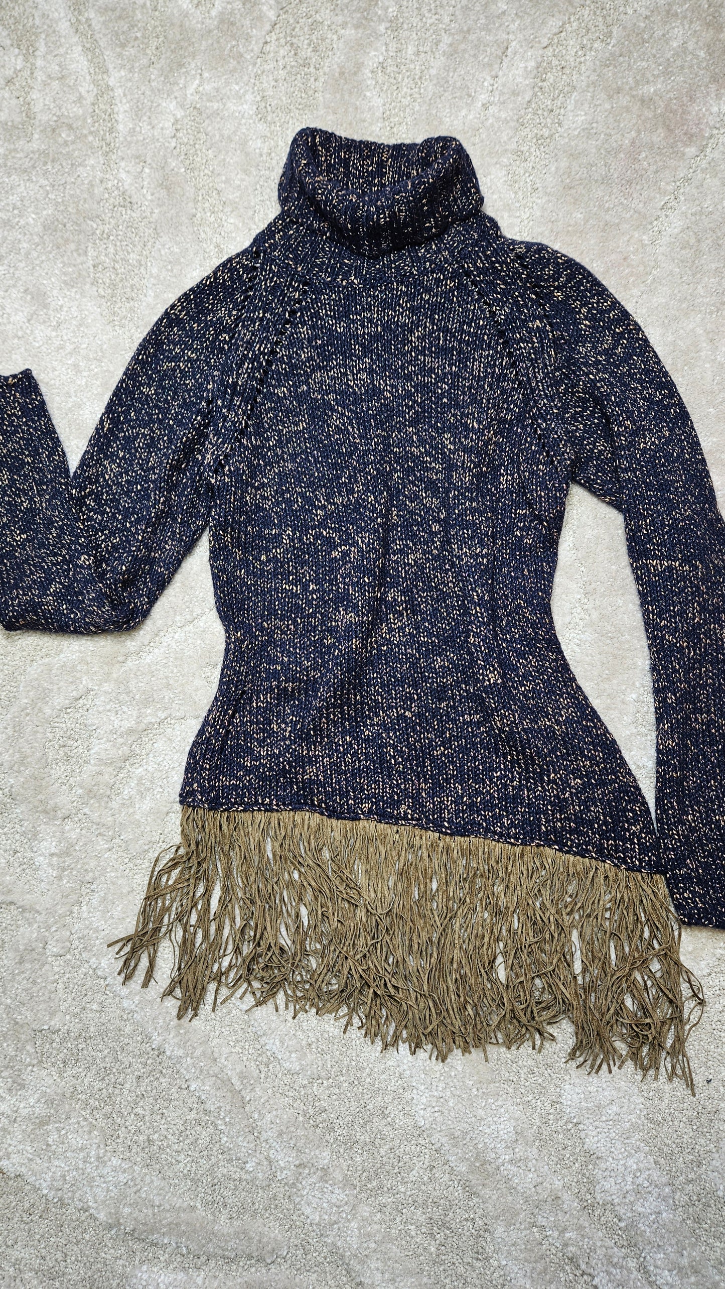 Navy Taupe Turtleneck Italian Knit Fringe Sweater Size S