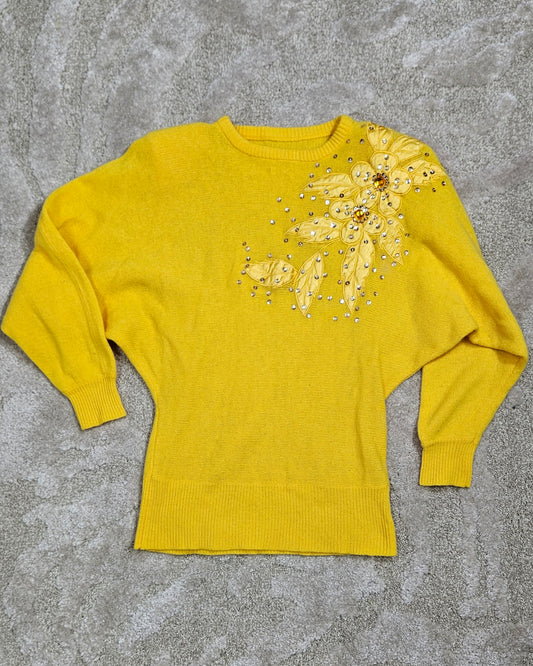 Vintage 80s Sweater Floral Embroidery Crewneck Pullover with shoulder pads Yellow