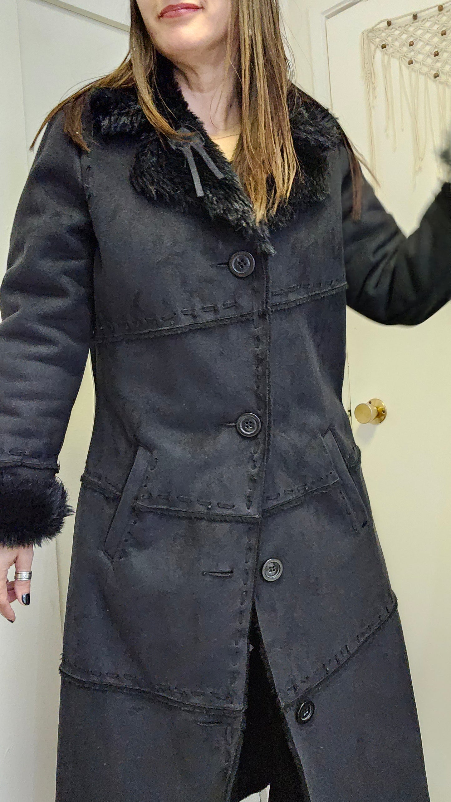 Long Coat Black Faux Fur Retro Style - Size 12