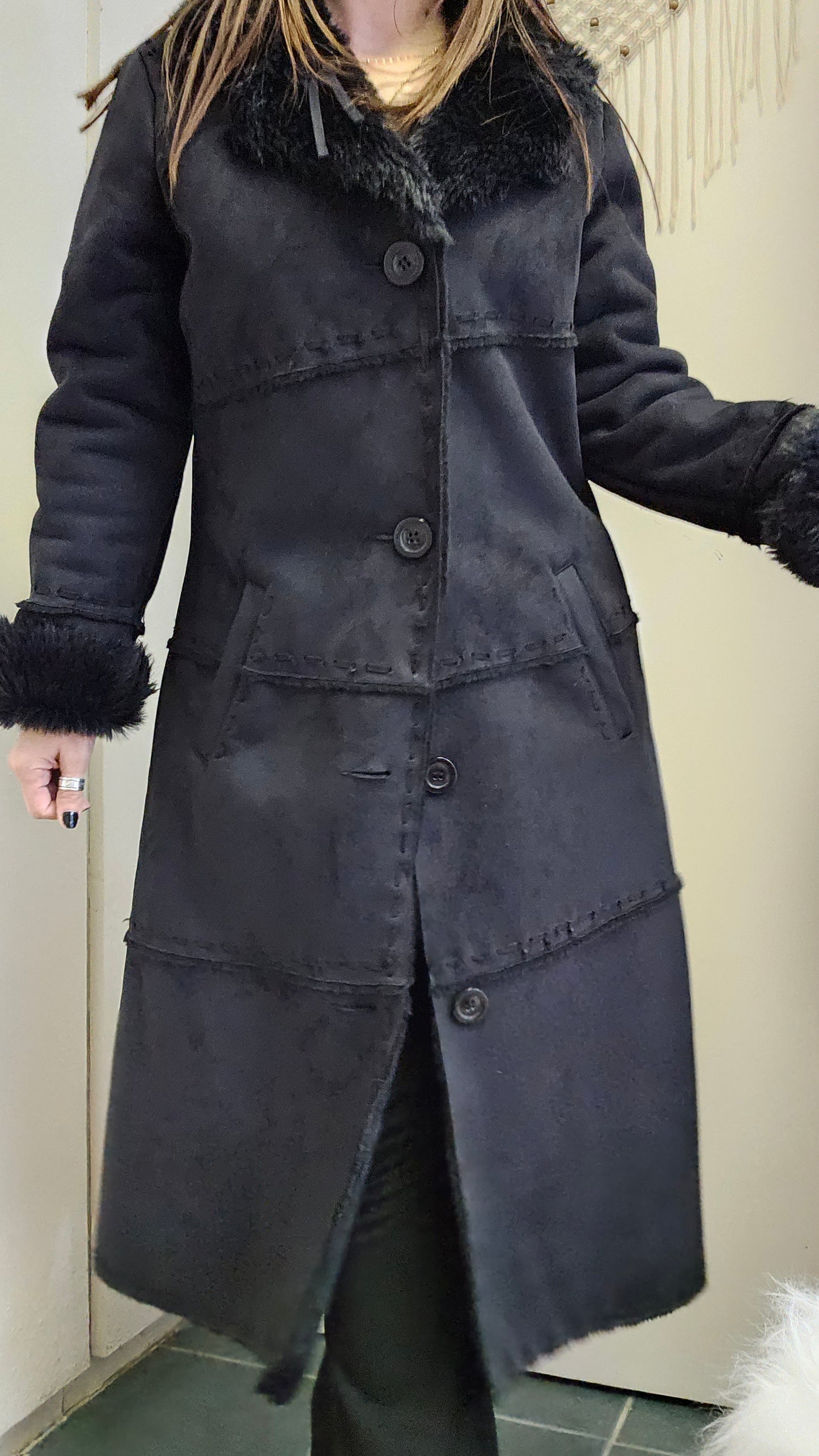 Long Coat Black Faux Fur Retro Style - Size 12