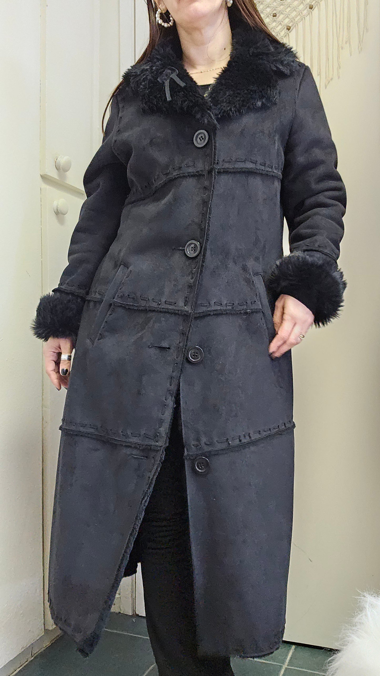 Long Coat Black Faux Fur Retro Style - Size 12