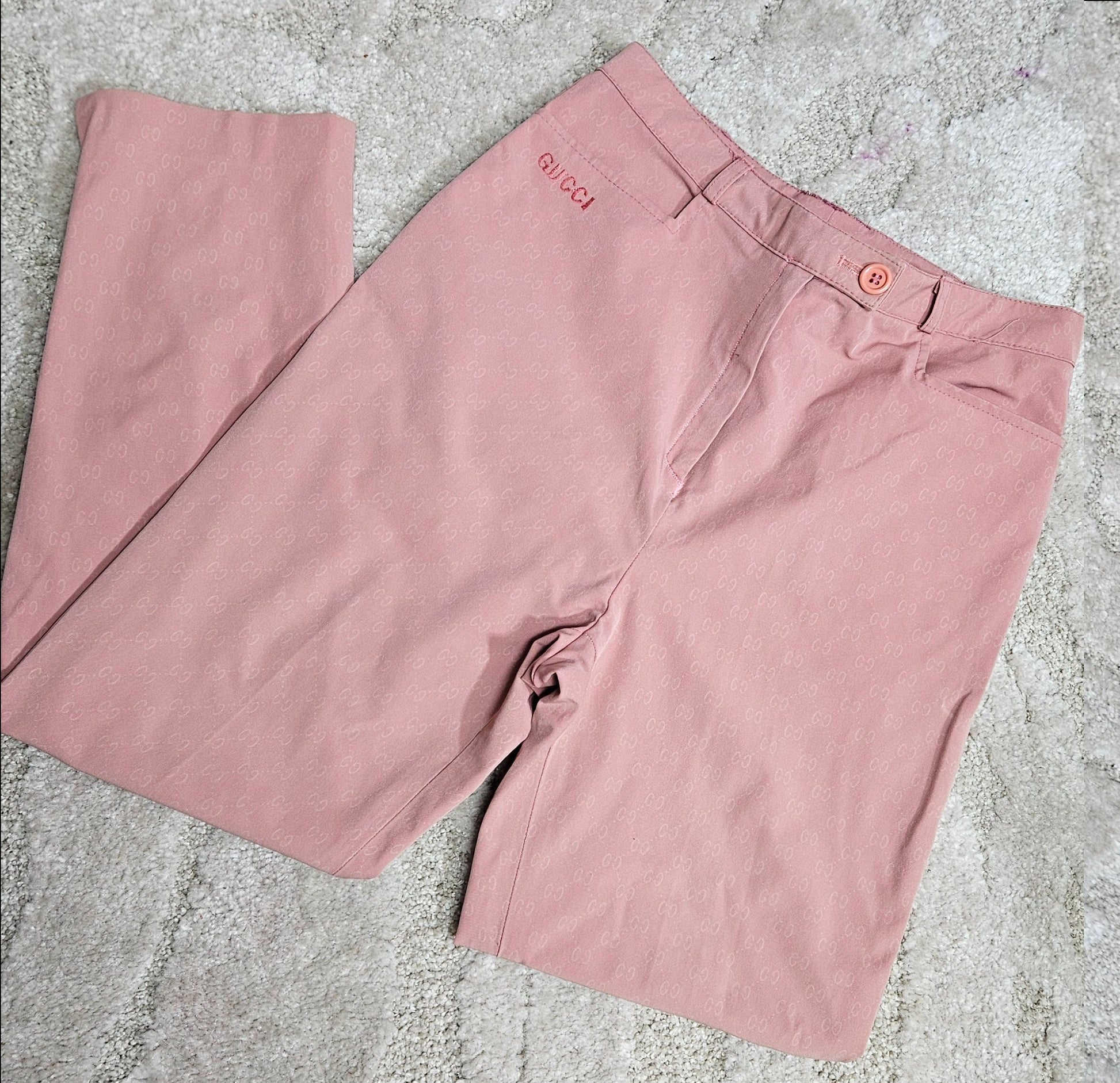 pink preloved trousers with gucci logo on the fabric, not branded item for sale