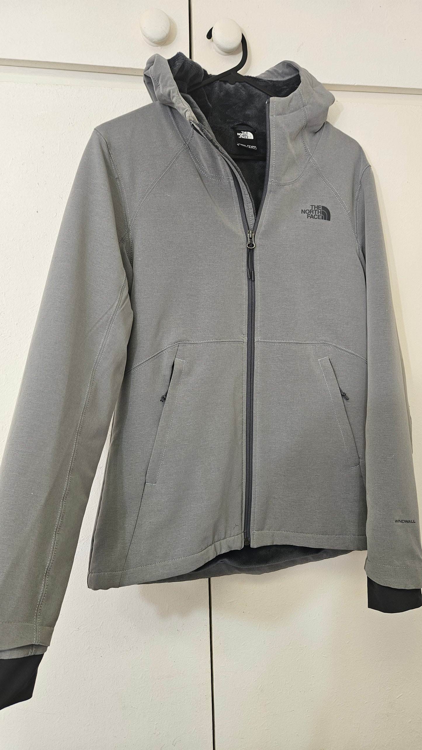 The North Face Womens Grey Hooded Fleece Lined Windwall Jacket Sz M Full Zip