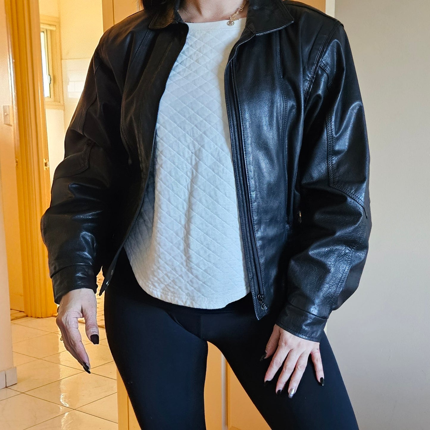 Black leather jacket 80s cropped style