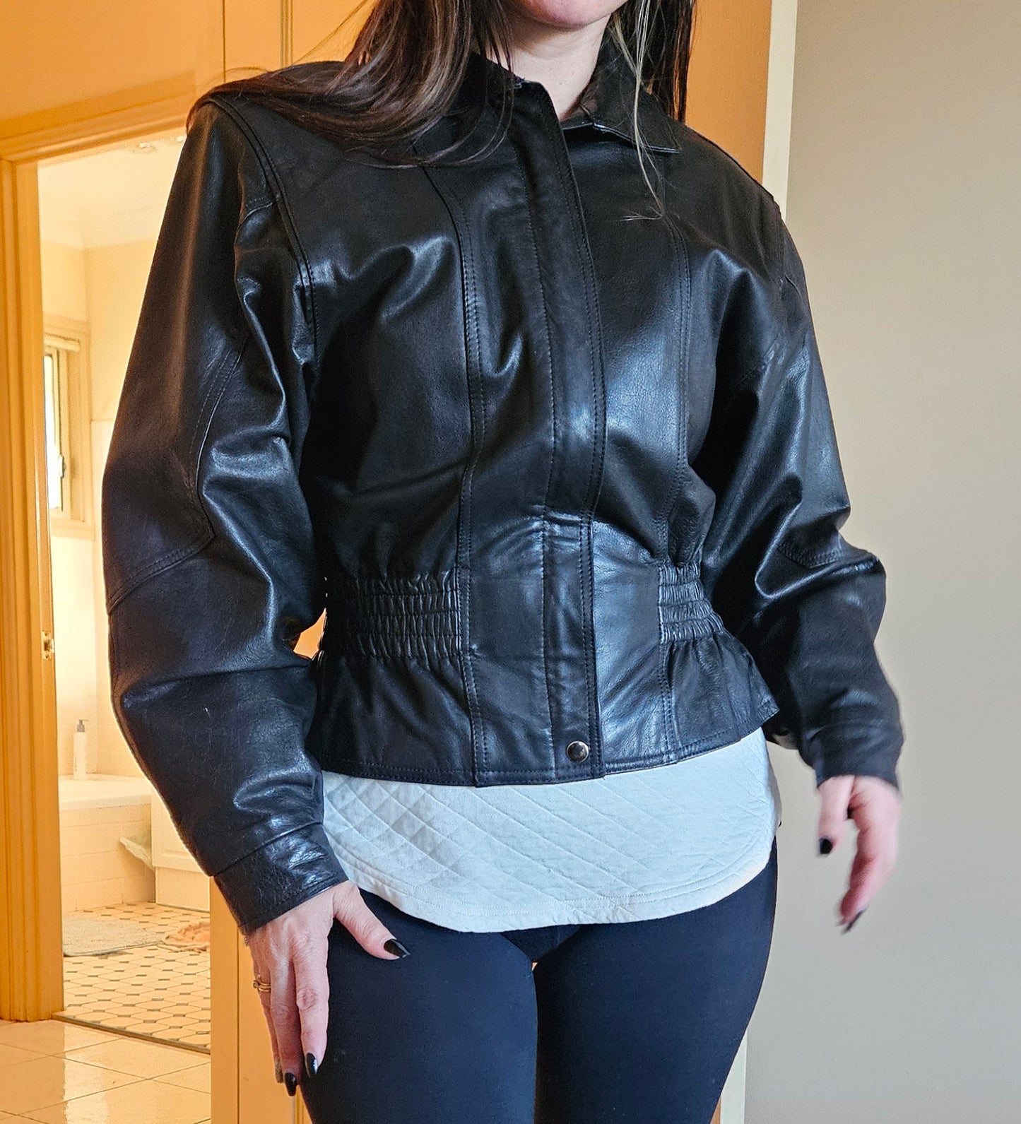 Black leather jacket 80s cropped style