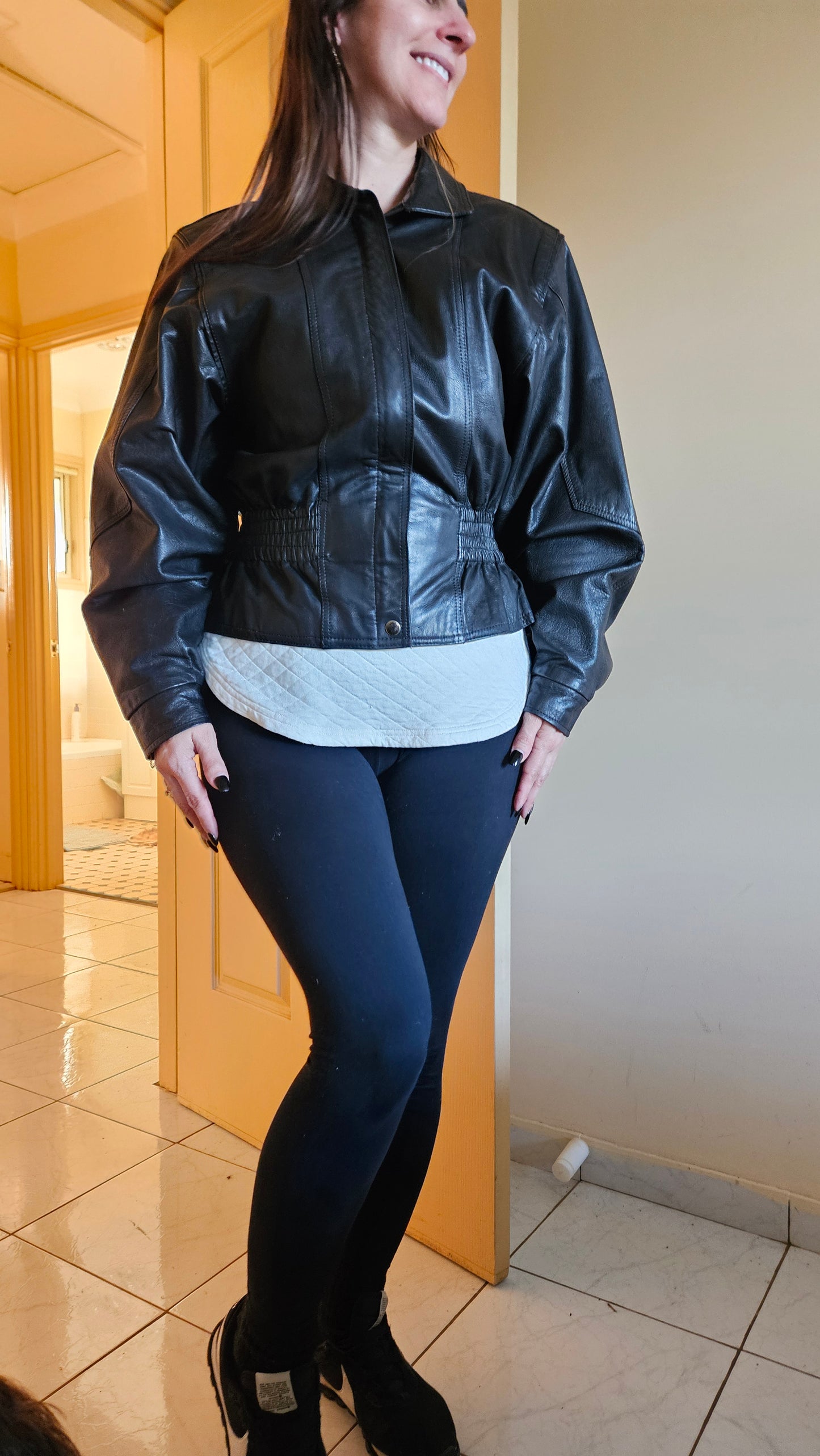 Black leather jacket 80s cropped style