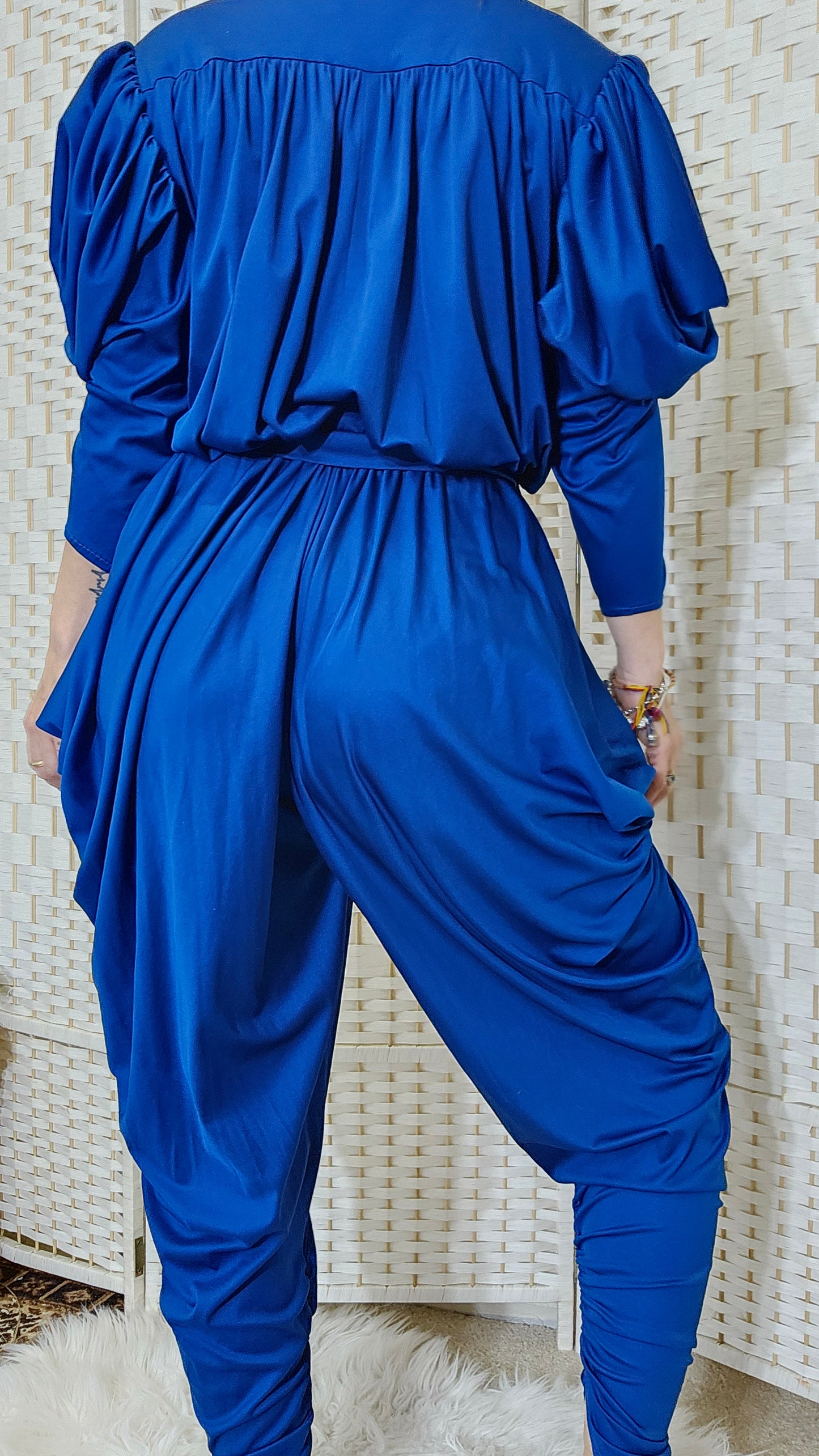 1980s Vintage Blue Draped Disco Jumpsuit Sz10