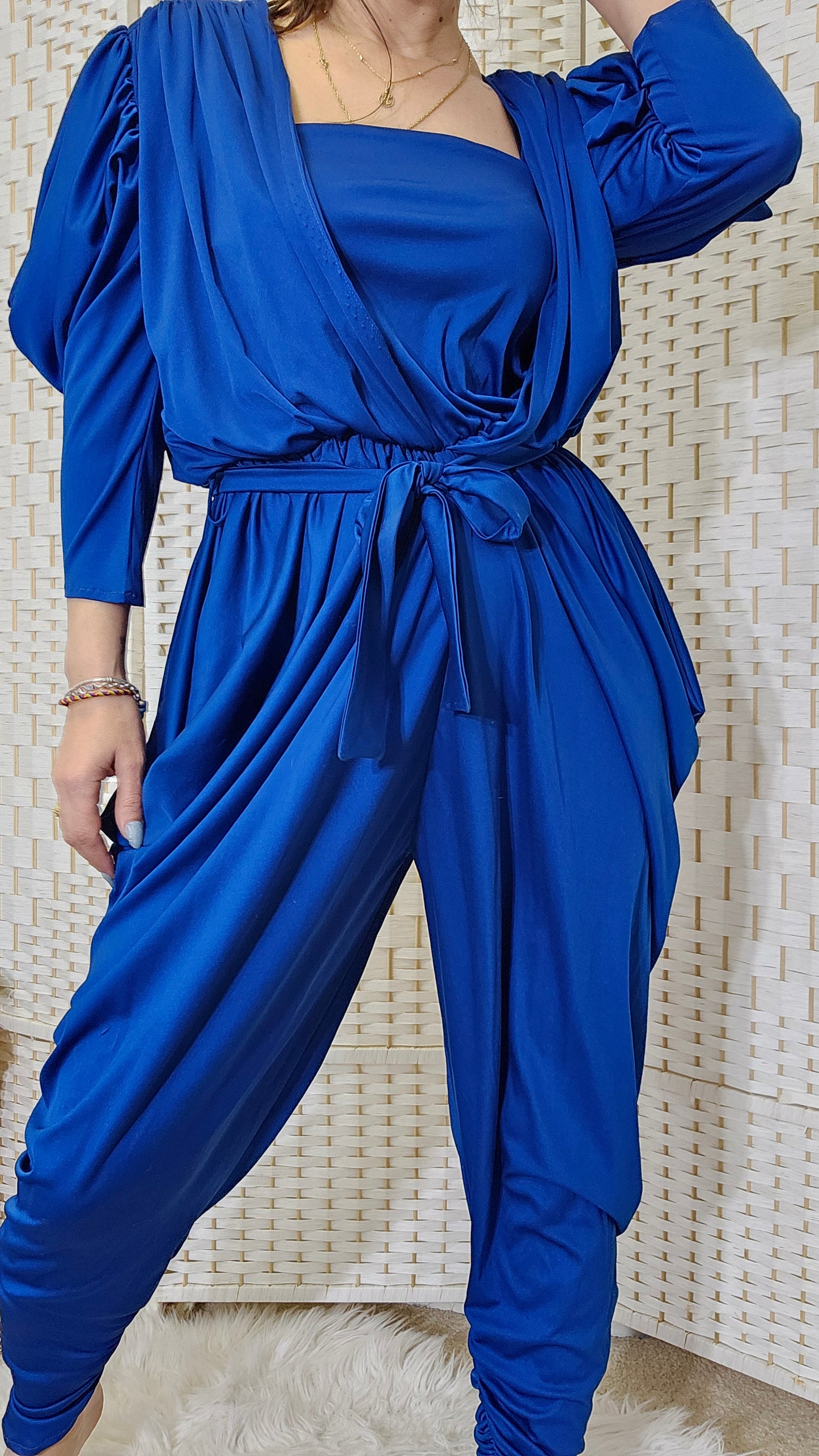 1980s Vintage Blue Draped Disco Jumpsuit Sz10