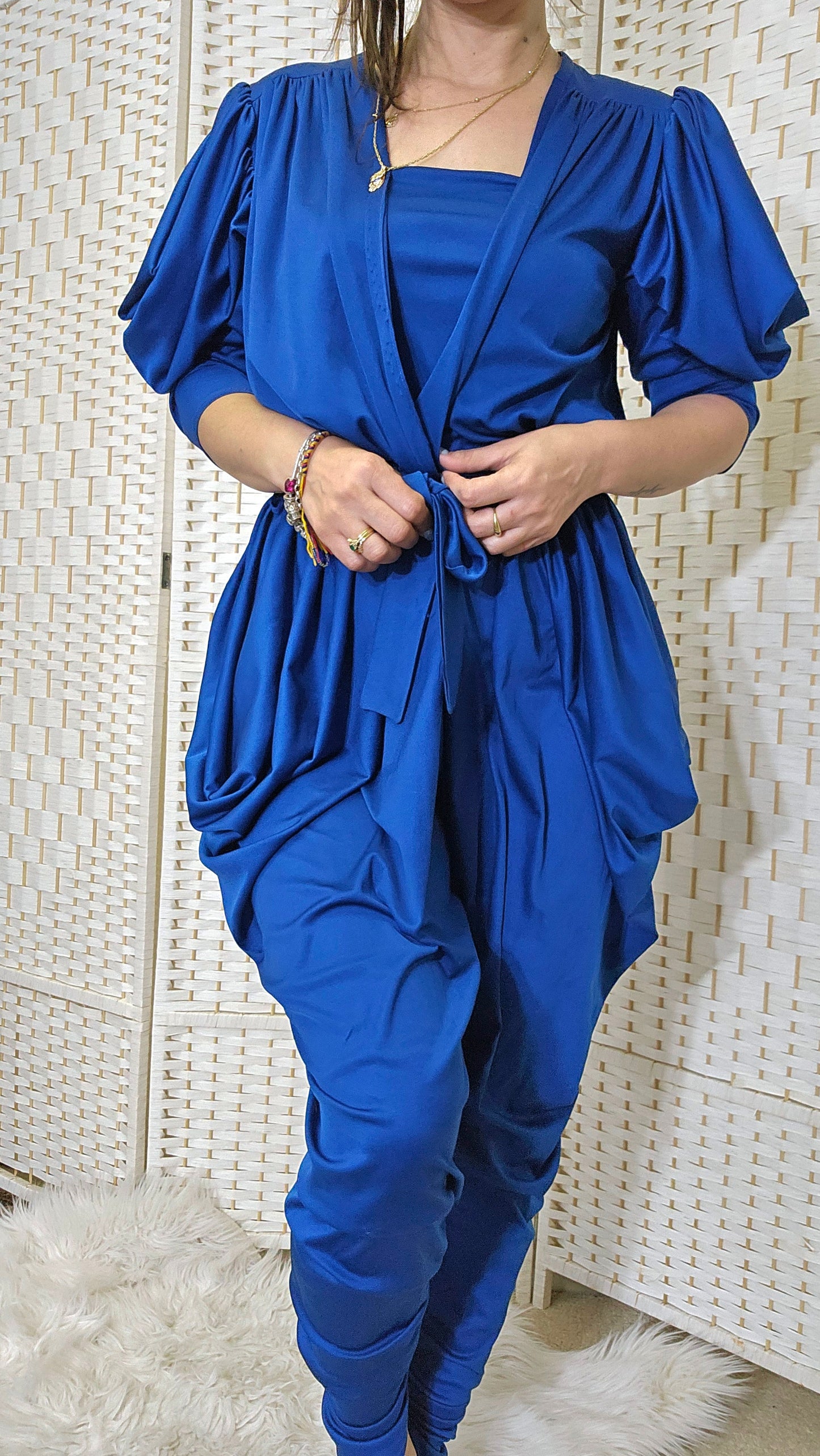 1980s Vintage Blue Draped Disco Jumpsuit Sz10