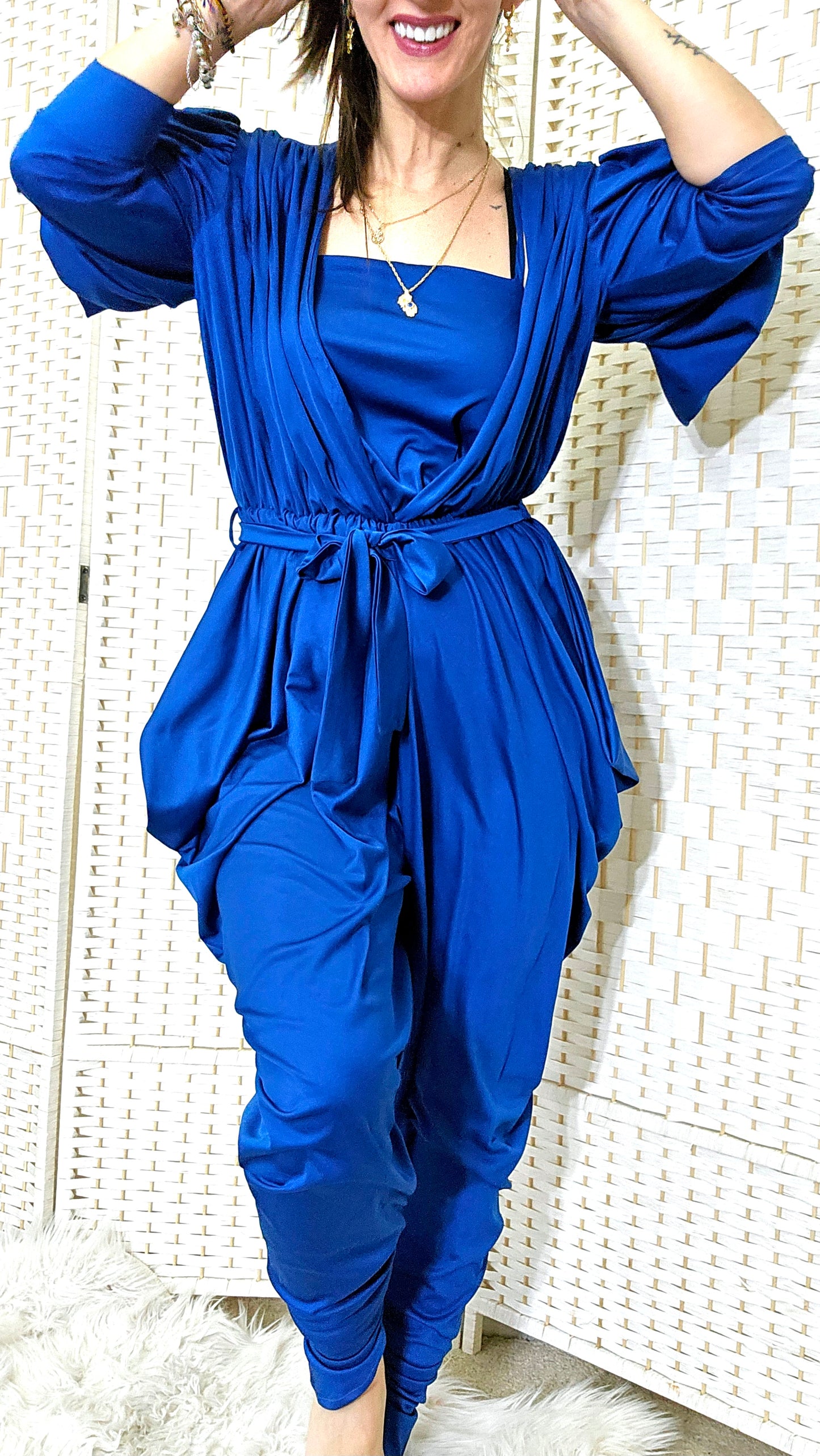 1980s Vintage Blue Draped Disco Jumpsuit Sz10