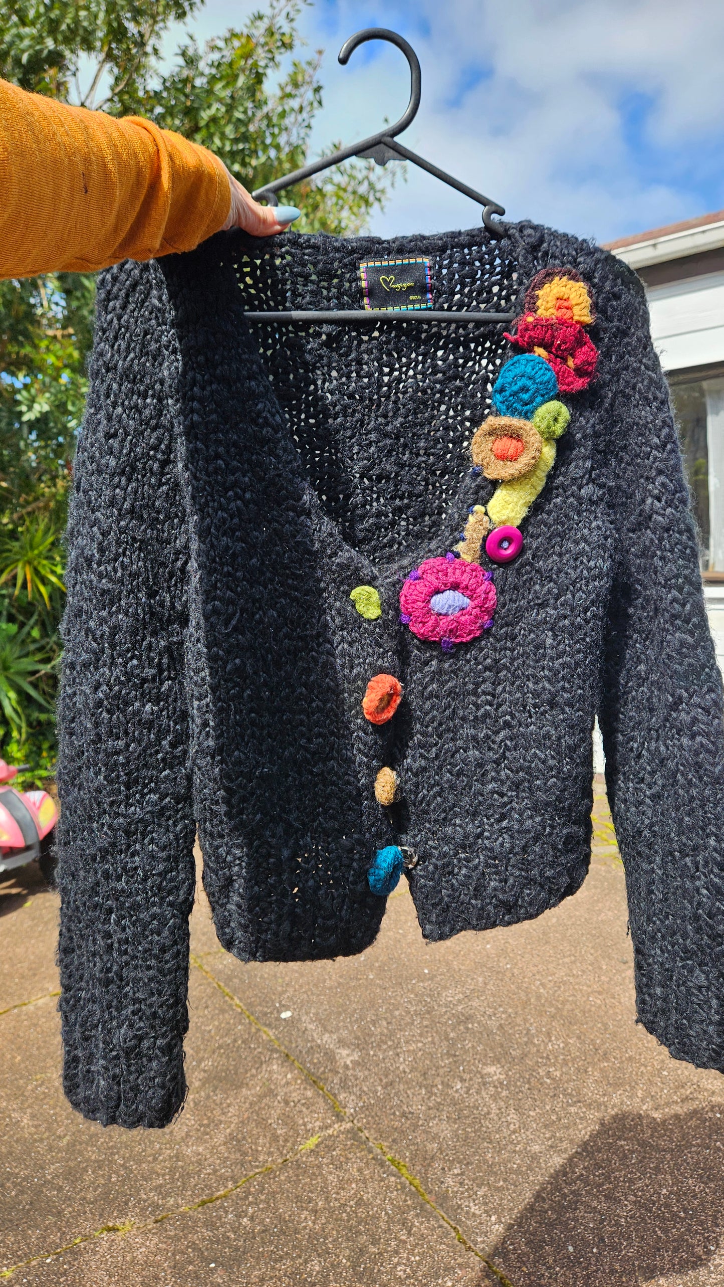 Knit Preloved flower Coat Free size. Hippie style Coat. Preloved coat