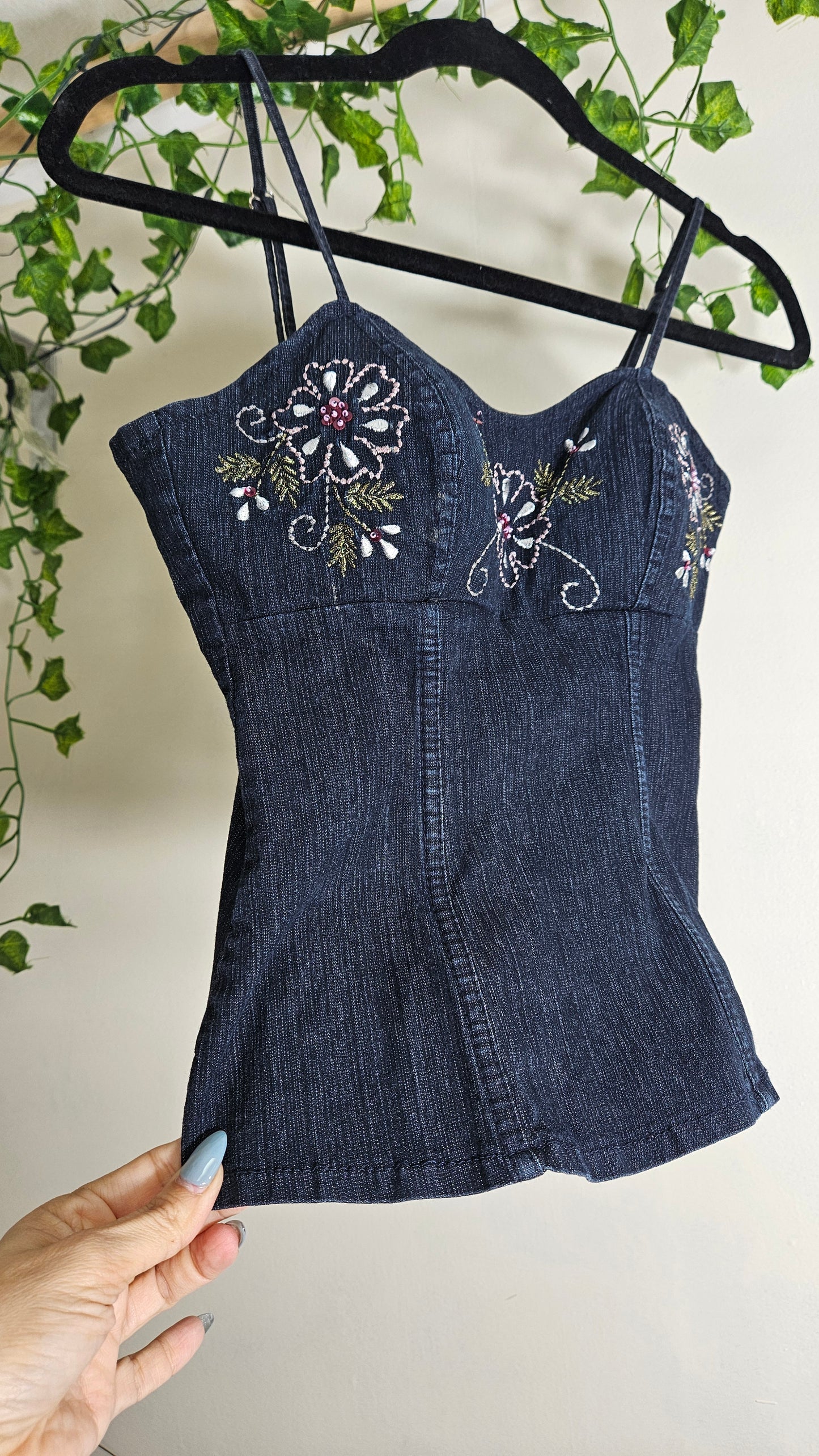 Vintage Cami denim Cami Top with flowers Details  Size L