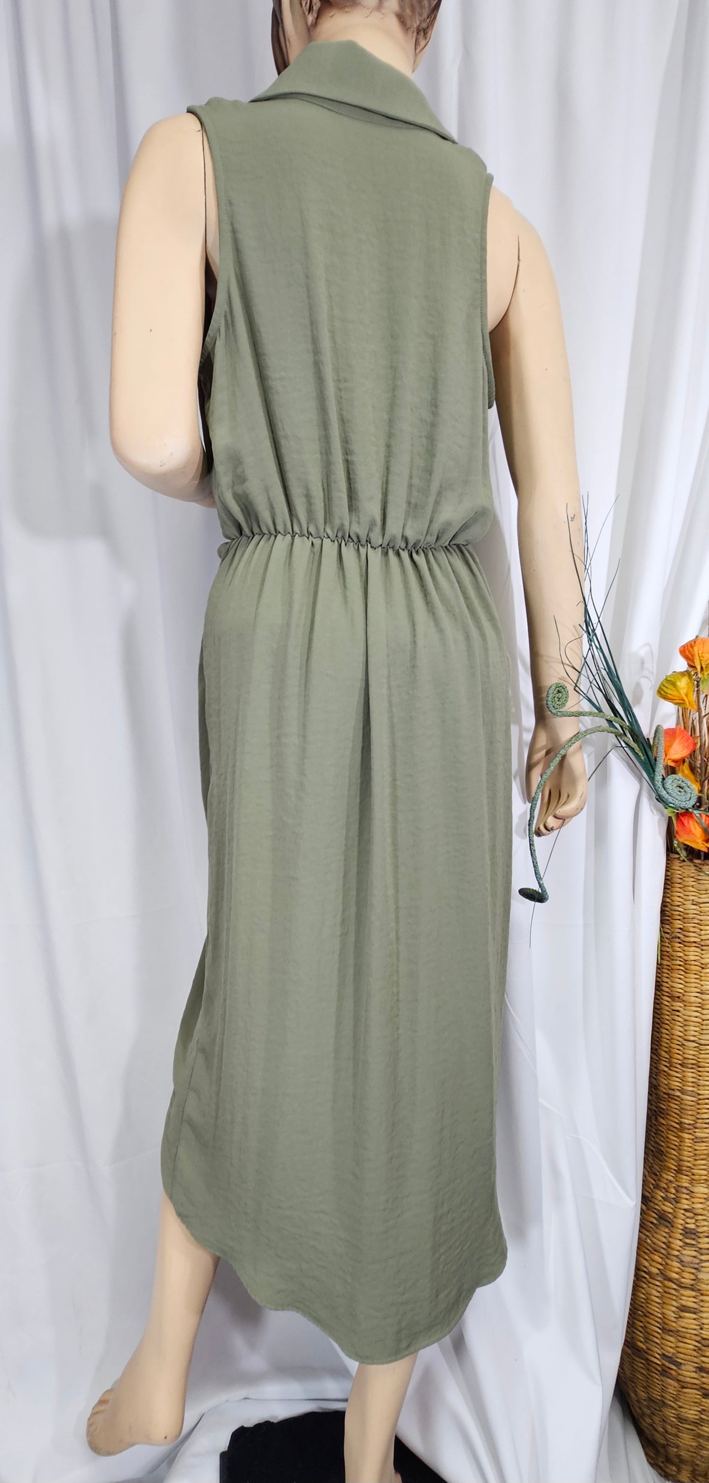 SHEIKE Olive Green Slimline Gathered Plunging Dress with Collar Size 10