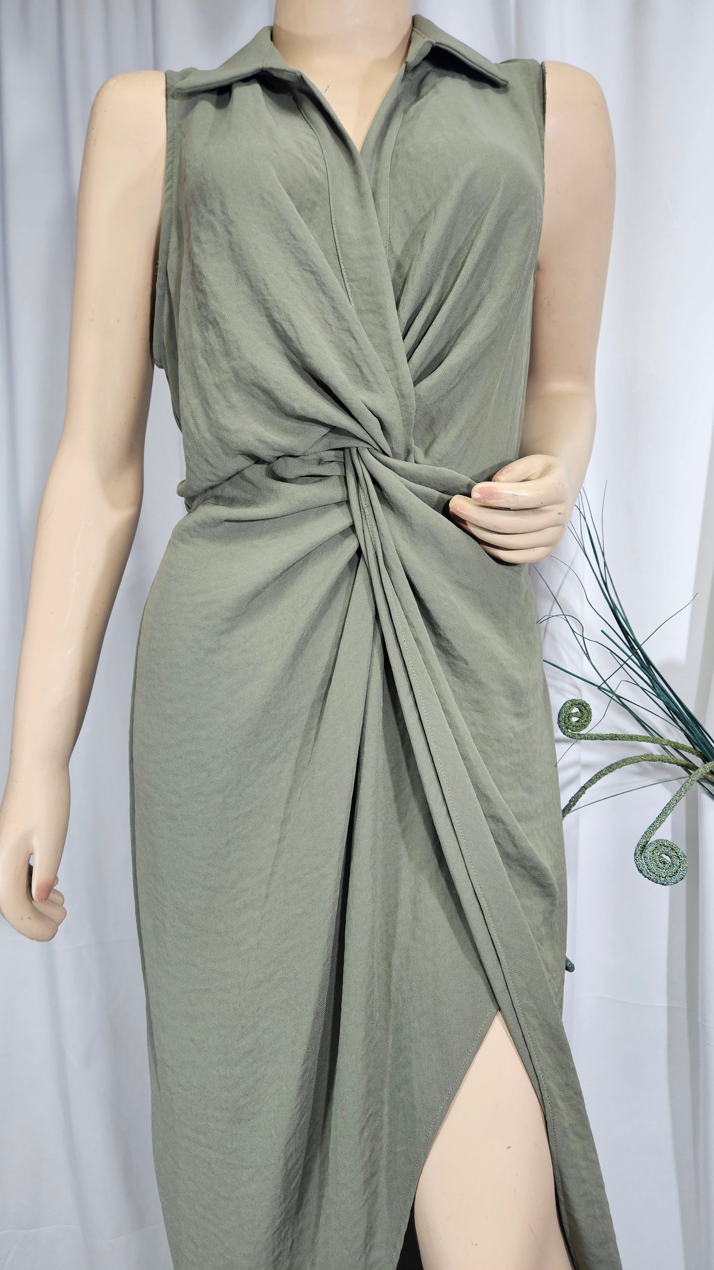 SHEIKE Olive Green Slimline Gathered Plunging Dress with Collar Size 10