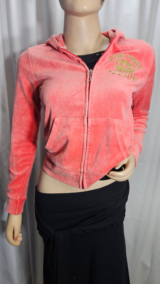 Stunning Vintage Juicy Couture Preppy Royalty Gold Embroidered Royal coral Crown Velour Jacket Hoodie Sweatsuit USA