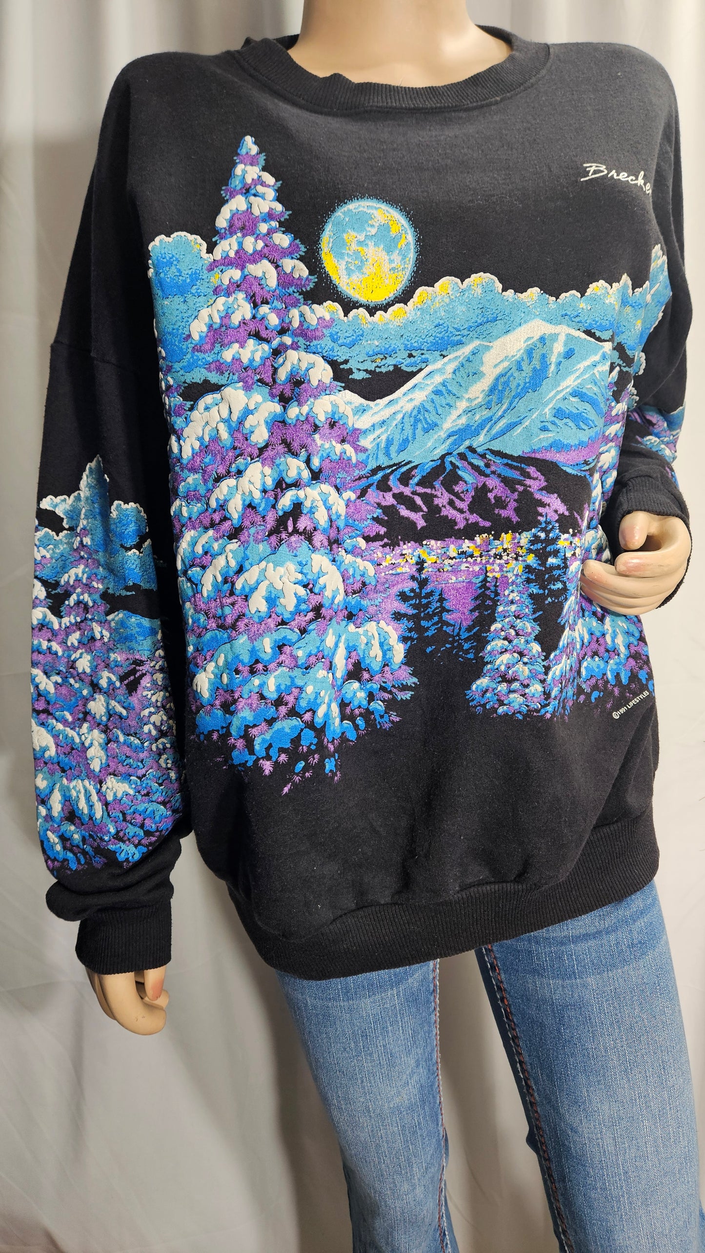 1991 WINTER WONDERLAND CREWNECK SWEATSHIRT FOREST AND MOUNTAINS W/ SNOW Vintage 1989 Crewneck - jumper