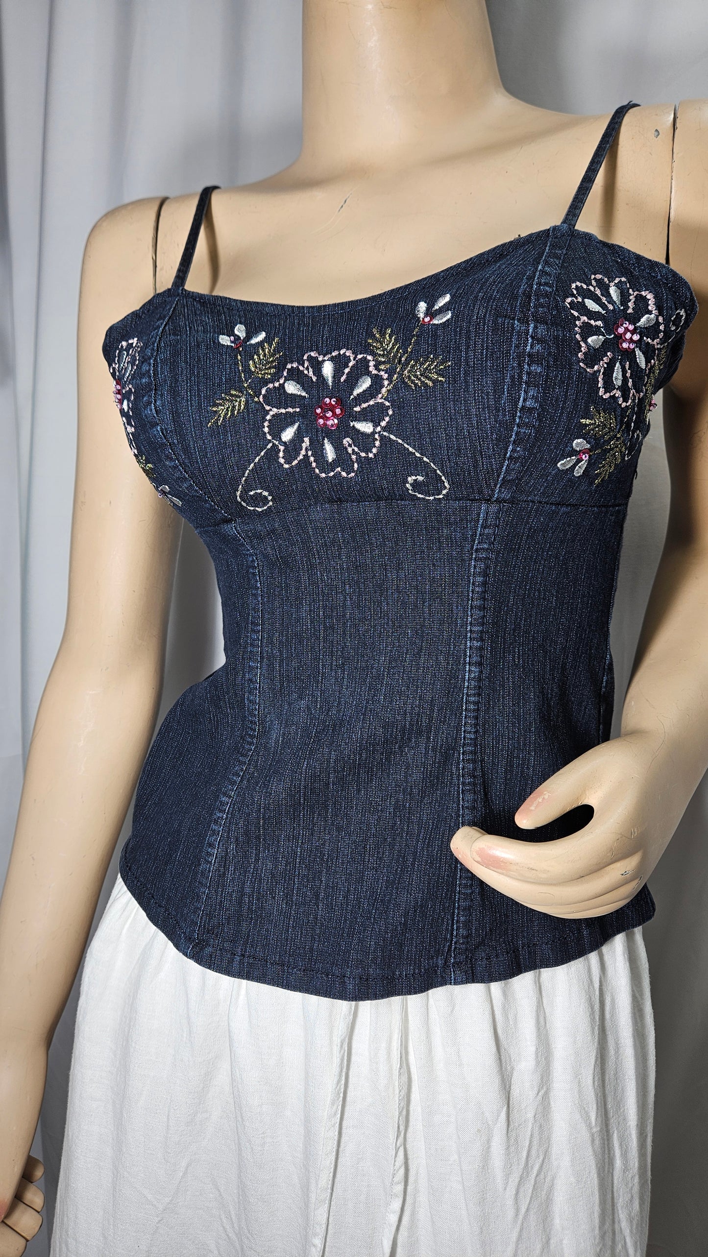 Vintage Cami denim Cami Top with flowers Details  Size L