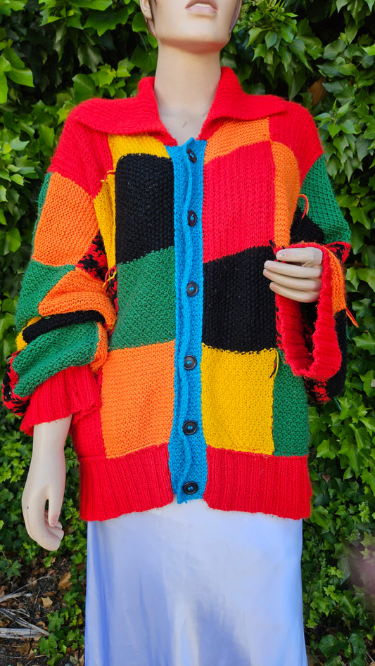 Hand Knit Patchwork Cardigan, Colour Block Patchwork Cardigan, Multicolor Jacket, Oversized Sweater, Chunky Red Cardigan Coat - Cardi style