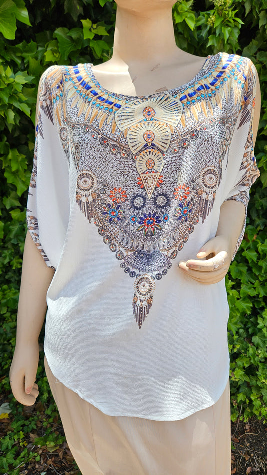 Beautiful bohemian style Blouse - Top - Ladies White Boho Print Open Sleeve Top