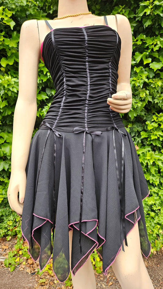 Lovely vintage Black & Pink Ruched dress- y2k asymmetrical hem Dress