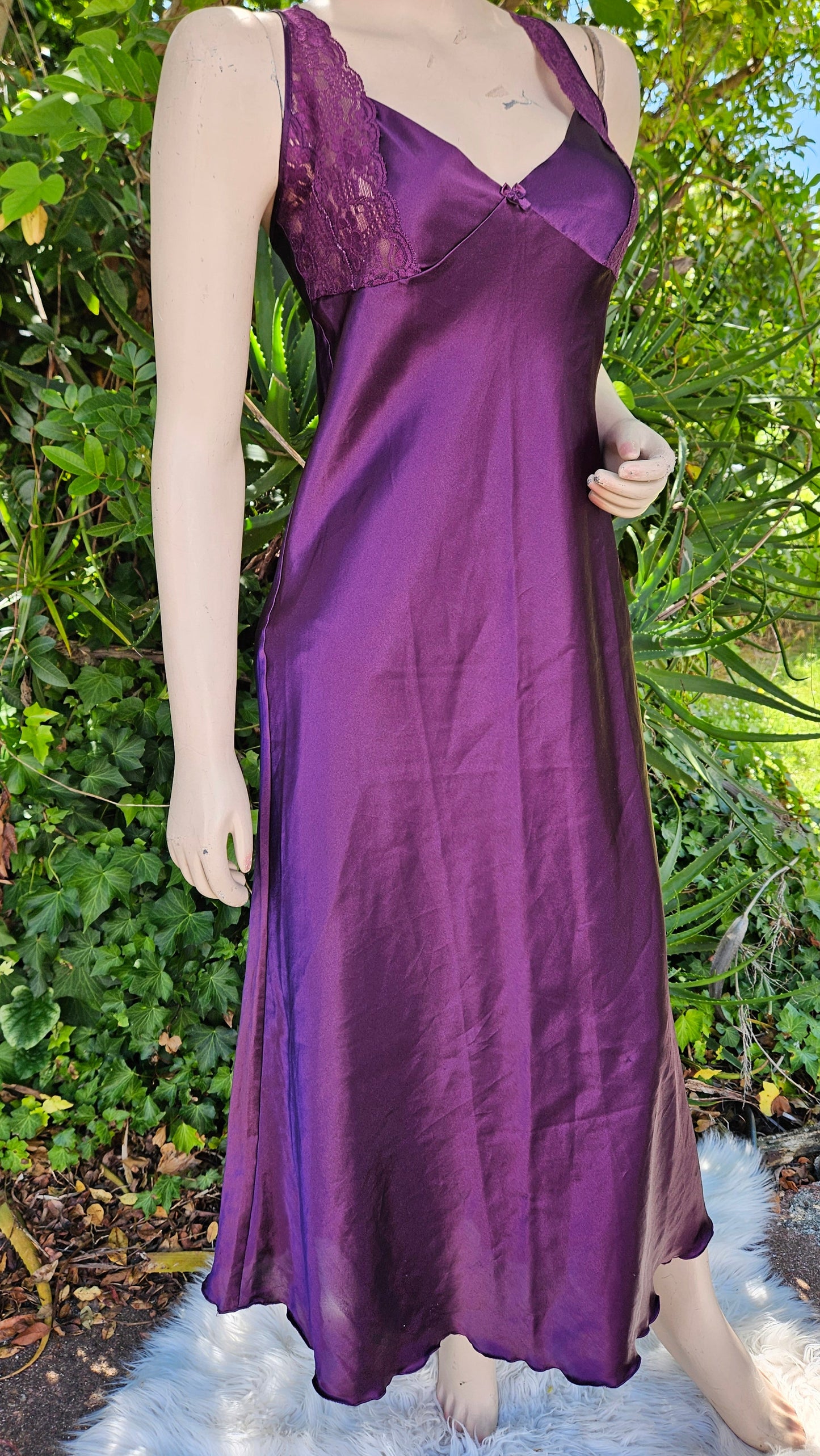 Vintage-Style Plum Satin Lace Slip Dress – Size 12 Approx.