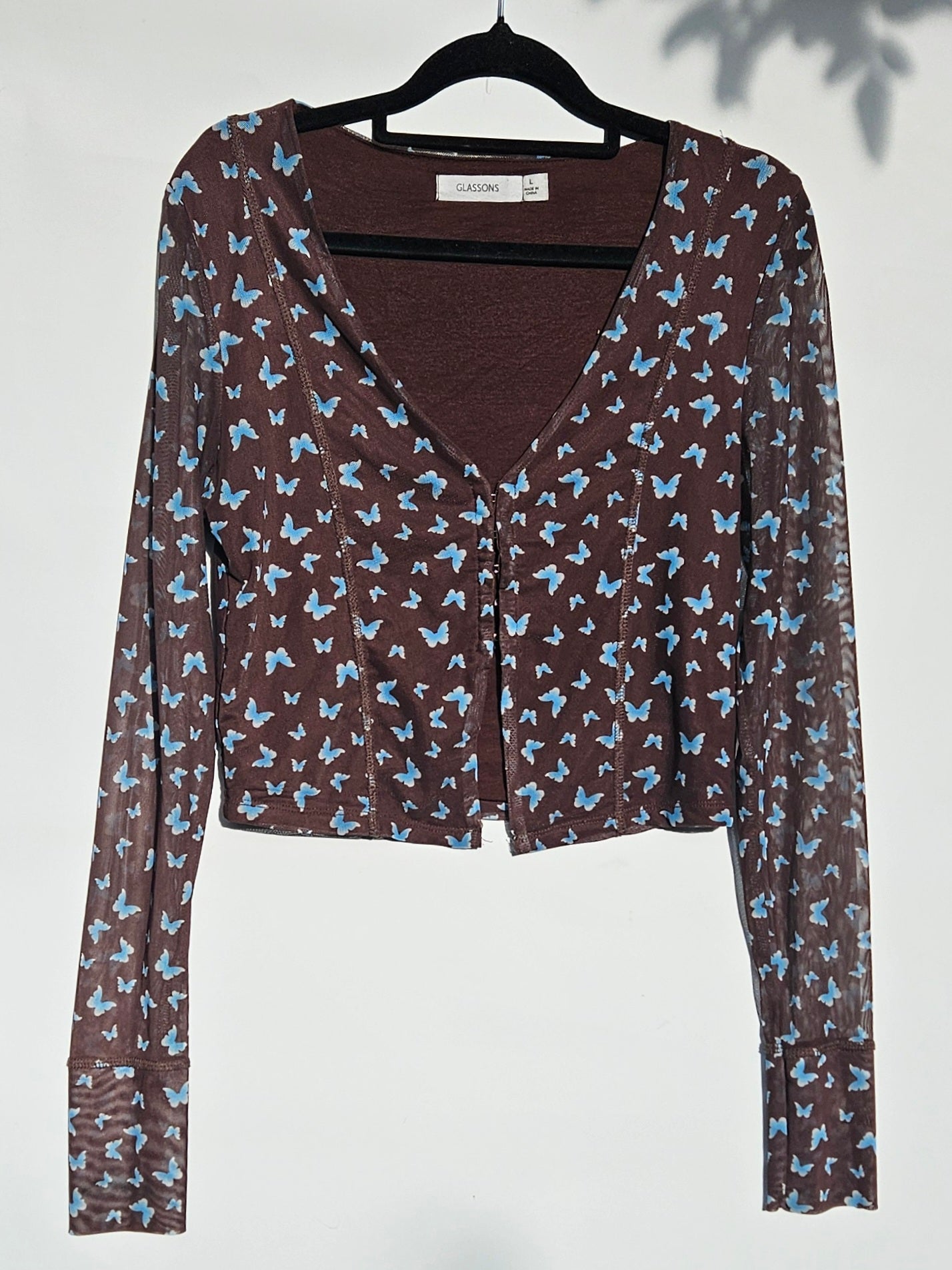 Glassons Women's Brown and Blue Mesh Top - Cardi Long Sleeves crop top