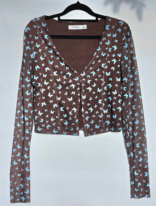 Glassons Women's Brown and Blue Mesh Top - Cardi Long Sleeves crop top