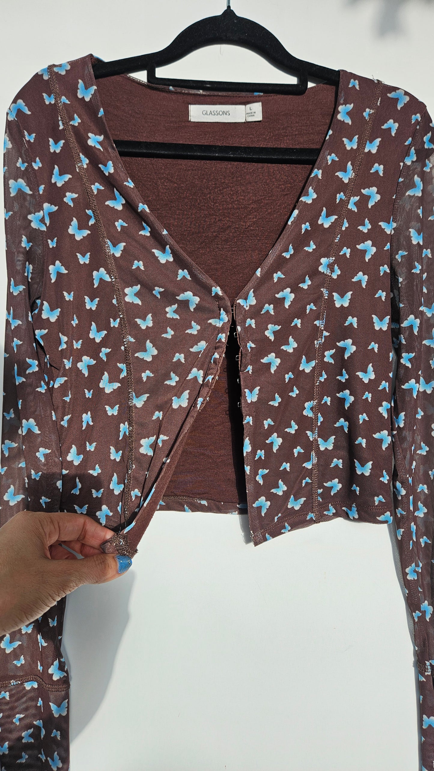 Glassons Women's Brown and Blue Mesh Top - Cardi Long Sleeves crop top