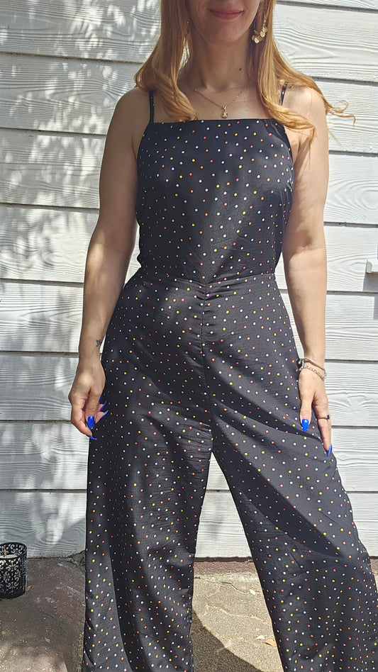 polka dot jumpsuit in preloved condition with wide leg size small in auckland