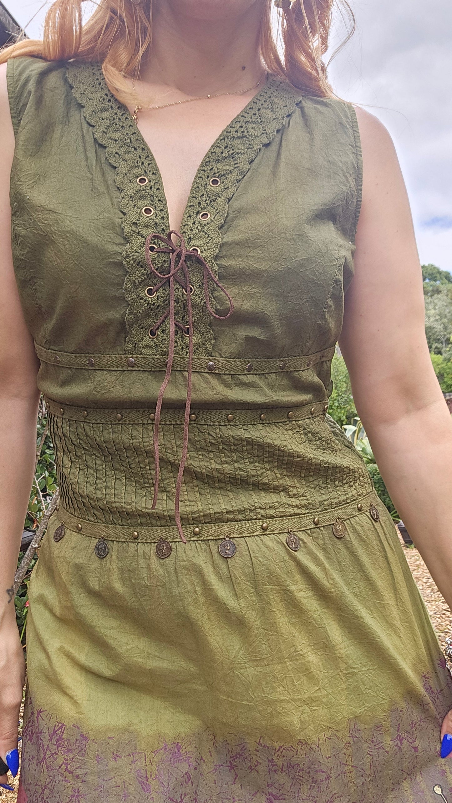 Romantic Lace Fairy-Core Gauzy dress Green lace - crepe dress