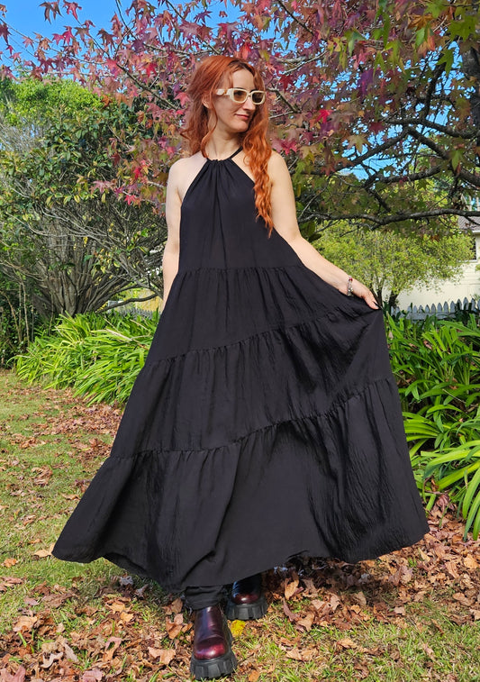 Black Sleeveless High Neck Tiered Maxi Dress Bohemian Style. Size Large