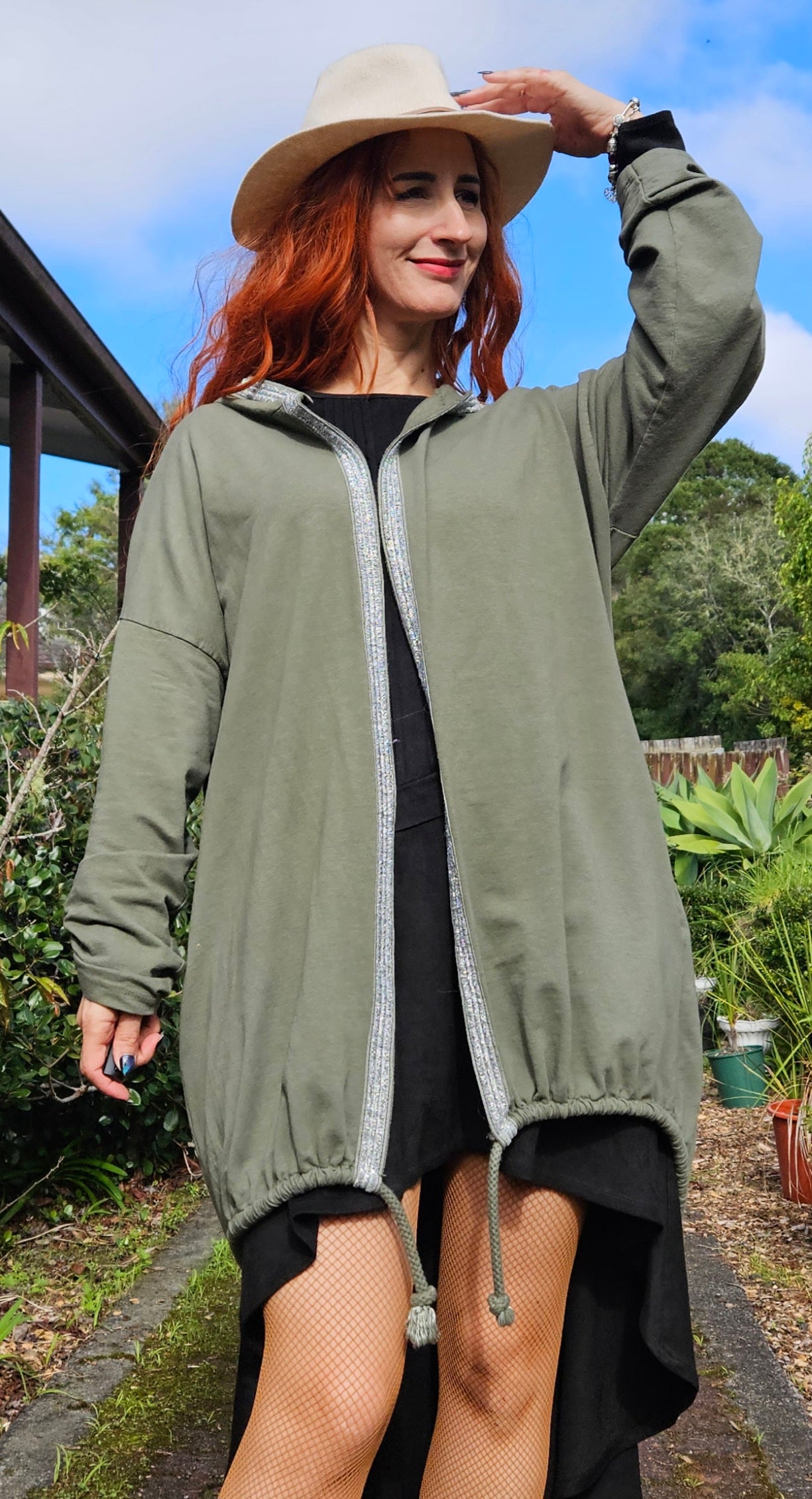 Made in Italy Khaki Green Angel sequin Wings Hoodie  Cardigan Cotton One Size