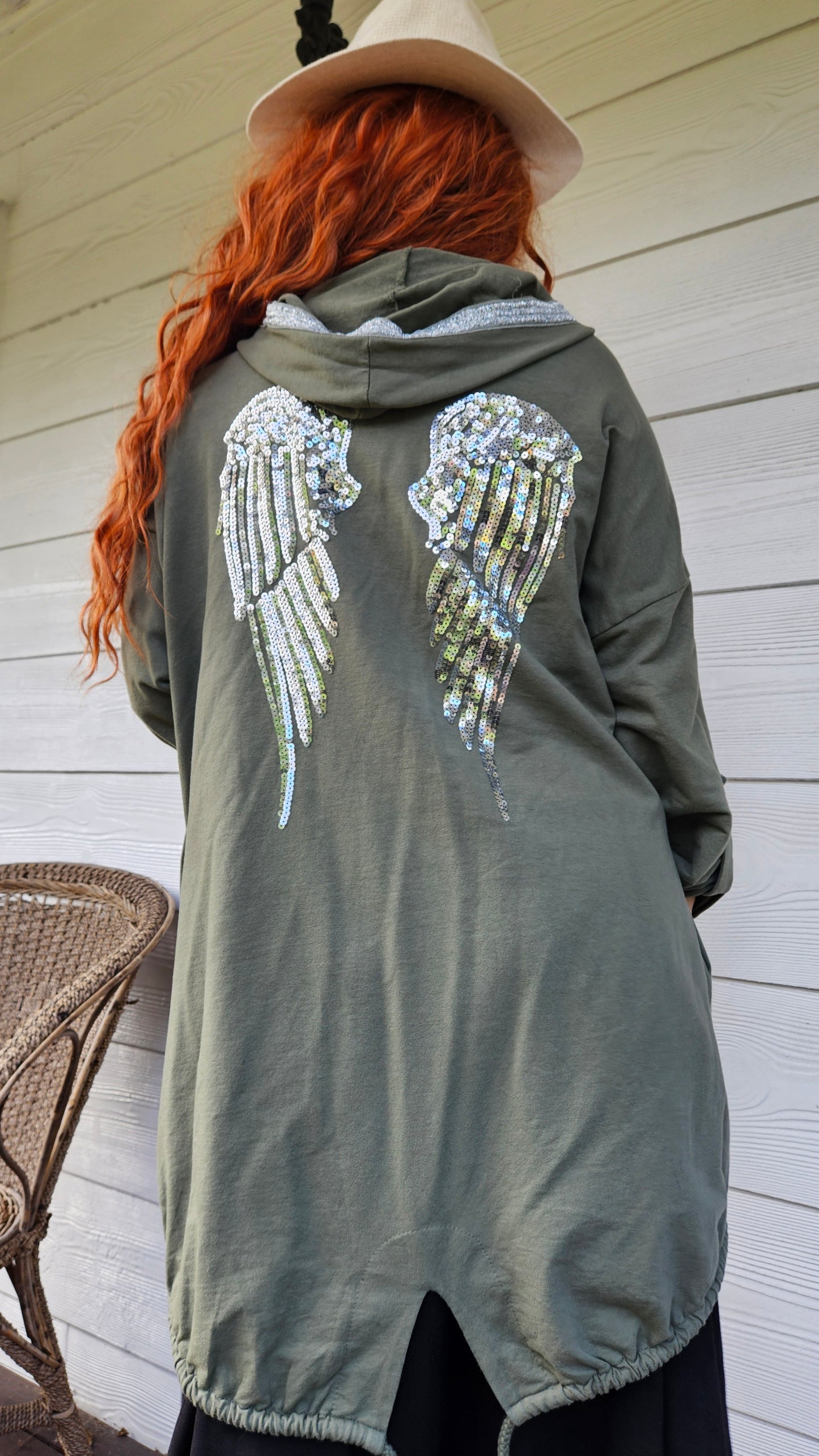 Made in Italy Khaki Green Angel sequin Wings Hoodie  Cardigan Cotton One Size