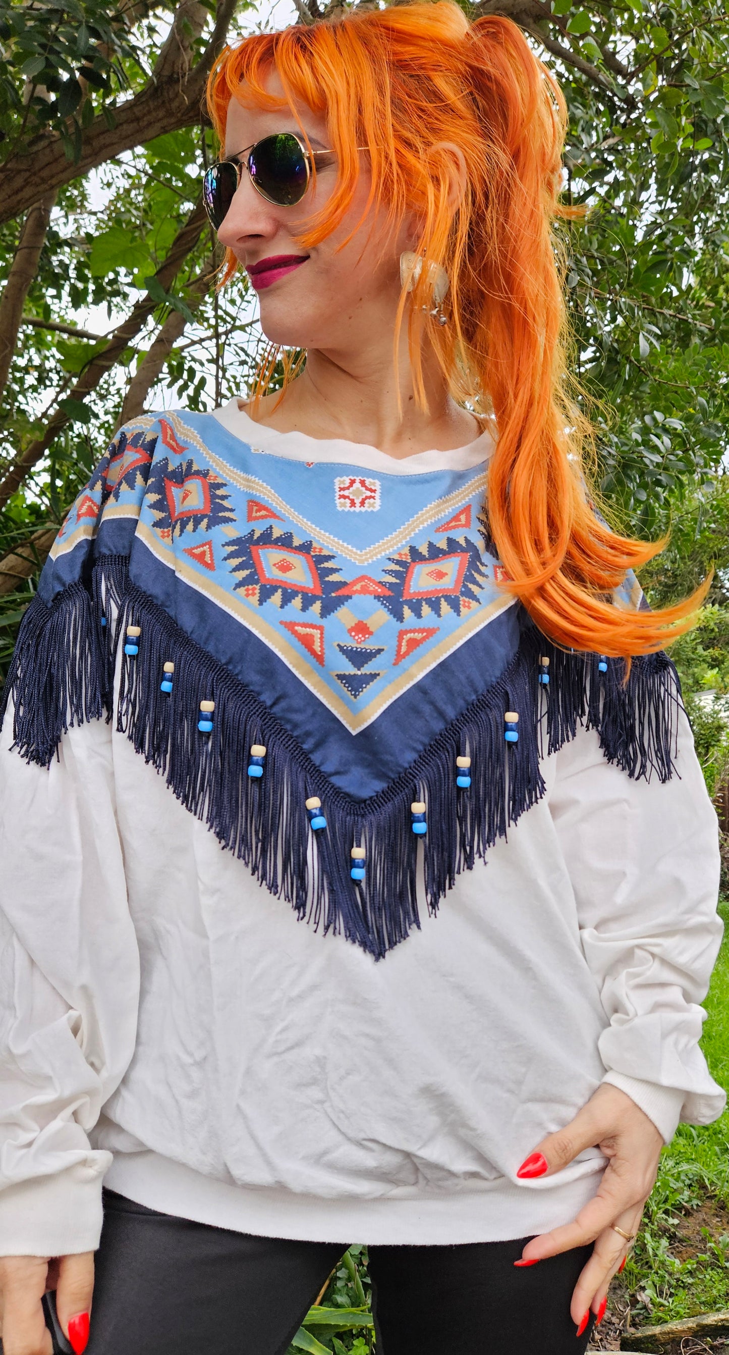 1980's Hazelwood Exclusive Womens Totally 80s Southwestern Style Fringed Shirt - Sweatshirt Vintage  Crewneck - jumper