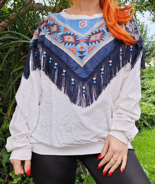 american white sweatshirt with a colorful fringed design available in preloved condition in Auckland. Size Extra Large. Vintage sweater