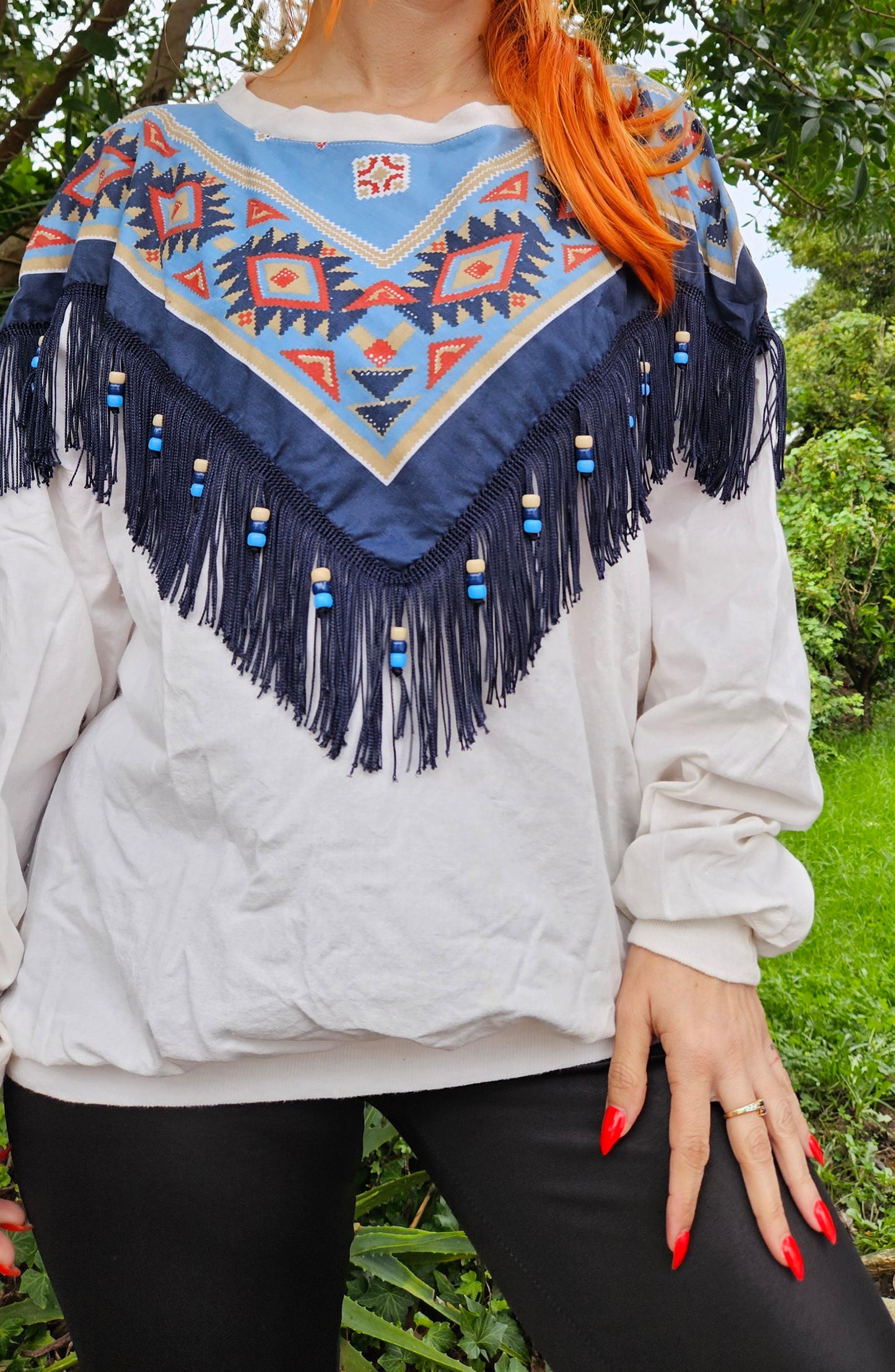 1980's Hazelwood Exclusive Womens Totally 80s Southwestern Style Fringed Shirt - Sweatshirt Vintage  Crewneck - jumper