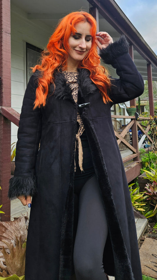 Grace Hill Long Coat - Preloved Black Faux Fur Retro Style - Size 12. long Black Coat Shearling long Coat