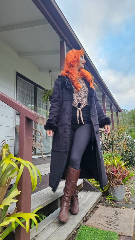 Long Coat Black Faux Fur Retro Style - Size 12