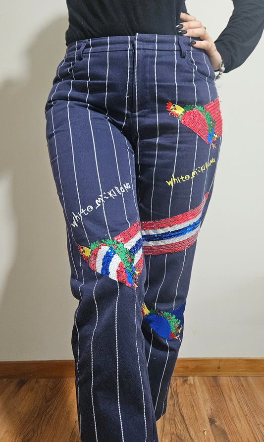 White Mikibana Ladies Embroidered and Sequin Jeans In Blue