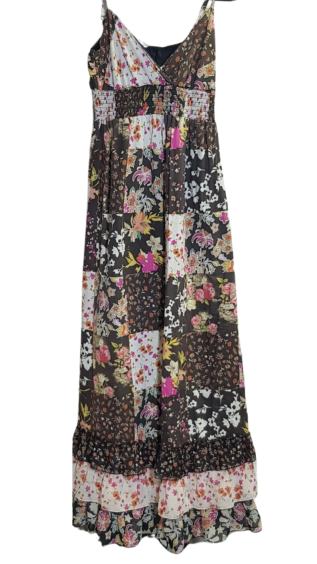  Bohemian Maxi Dress, layered at hem, in a super cute patchwork Dress Folksy Floral style  Size 10